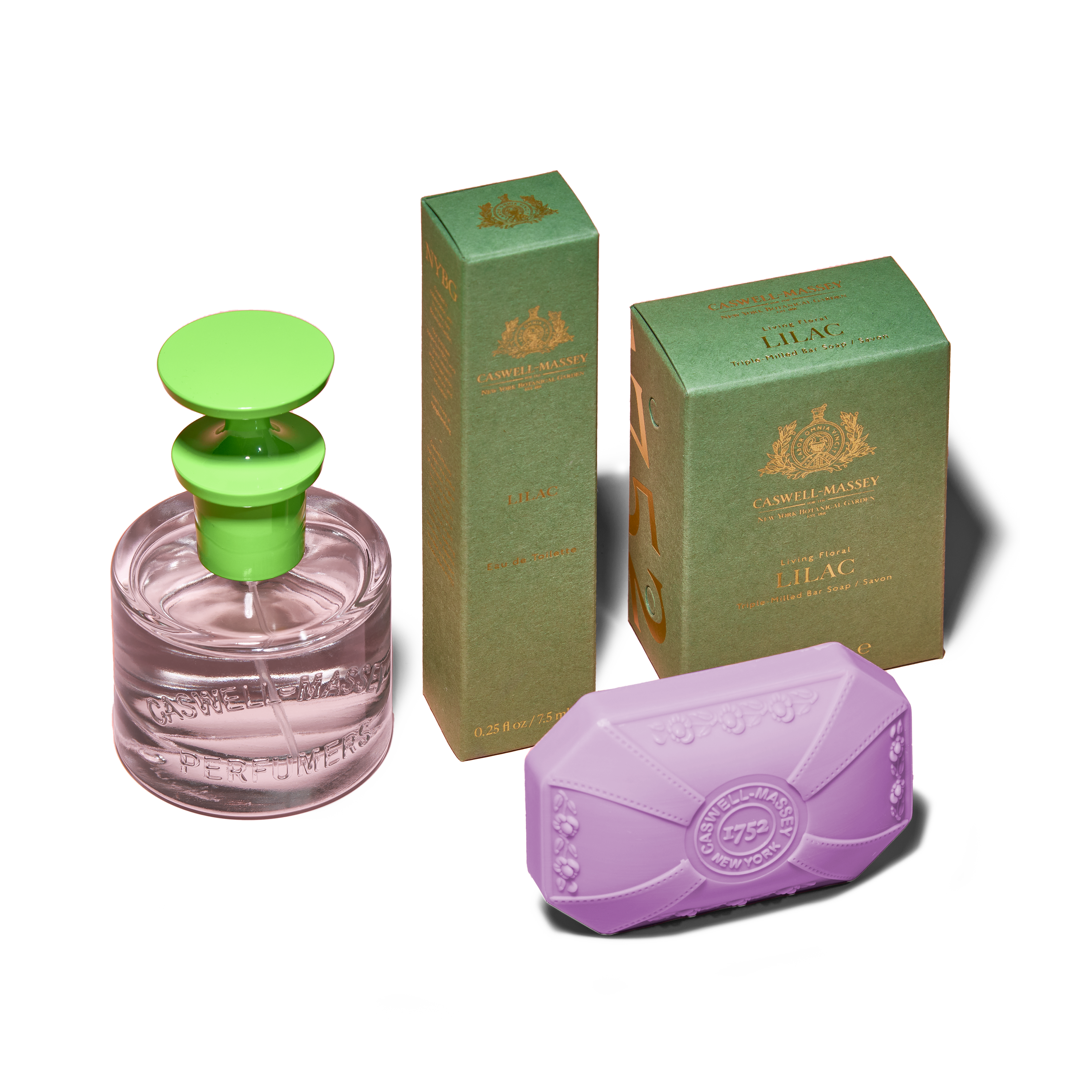 Caswell-Massey Lilac Eau de Toilette: showing full-size 60ml, travel-size 7.5ml, and Lilac Bath Soap