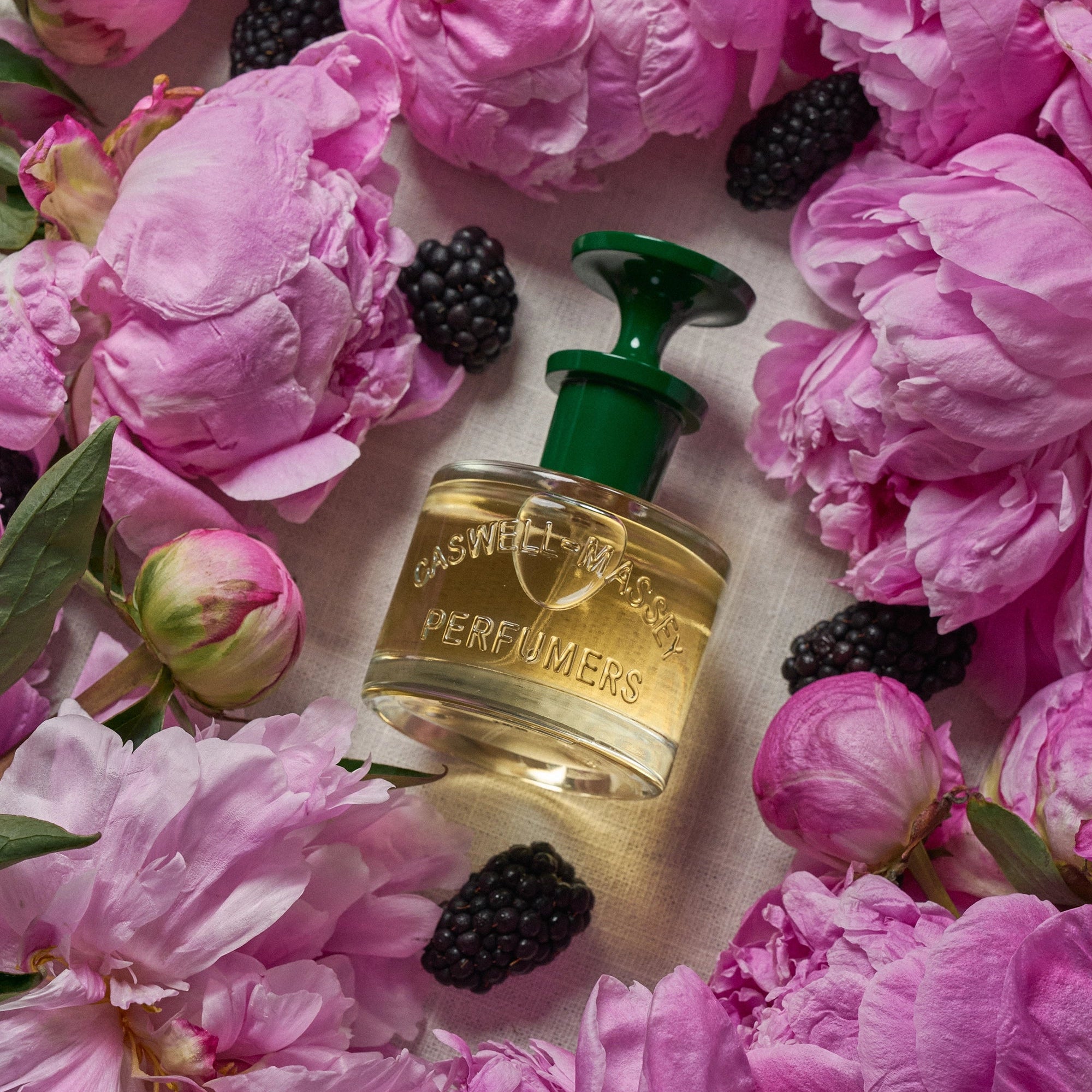 Caswell-Massey Peony Perfume shown with freshly blooming peonies and blackberries