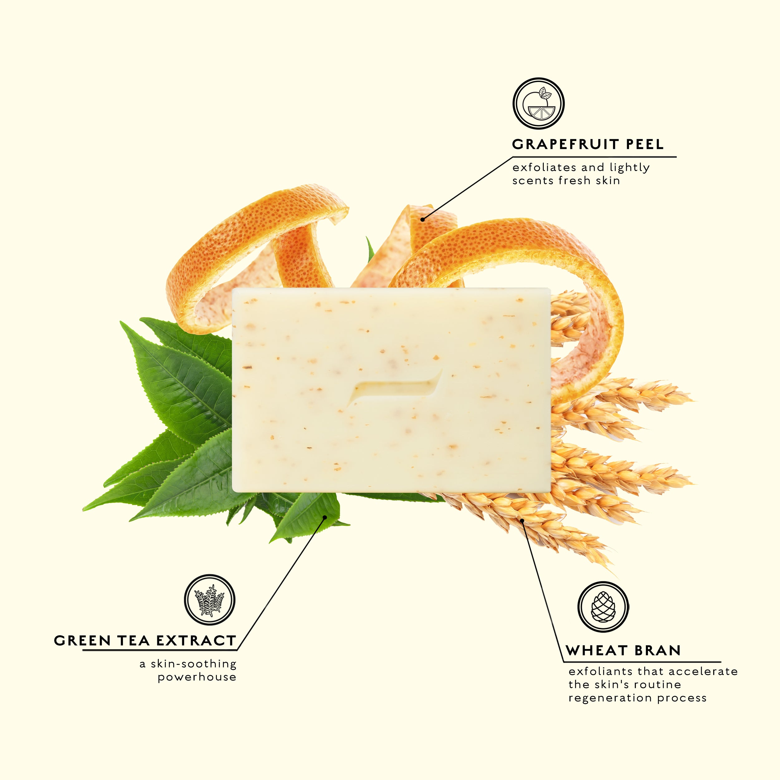 Caswell-Massey Heritage Body Scrub Bar Exfoliating Soap: bar soap shown with images of wheat bran, green tea leaves, and orange peel behind it to represent the key ingredients
