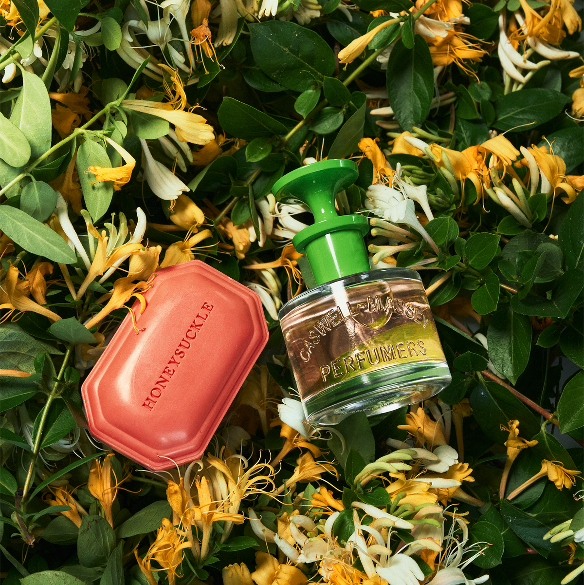 Caswell-Massey Honeysuckle Eau de Toilette and Honeysuckle Bar Soap shown atop a bed fresh honeysuckle.