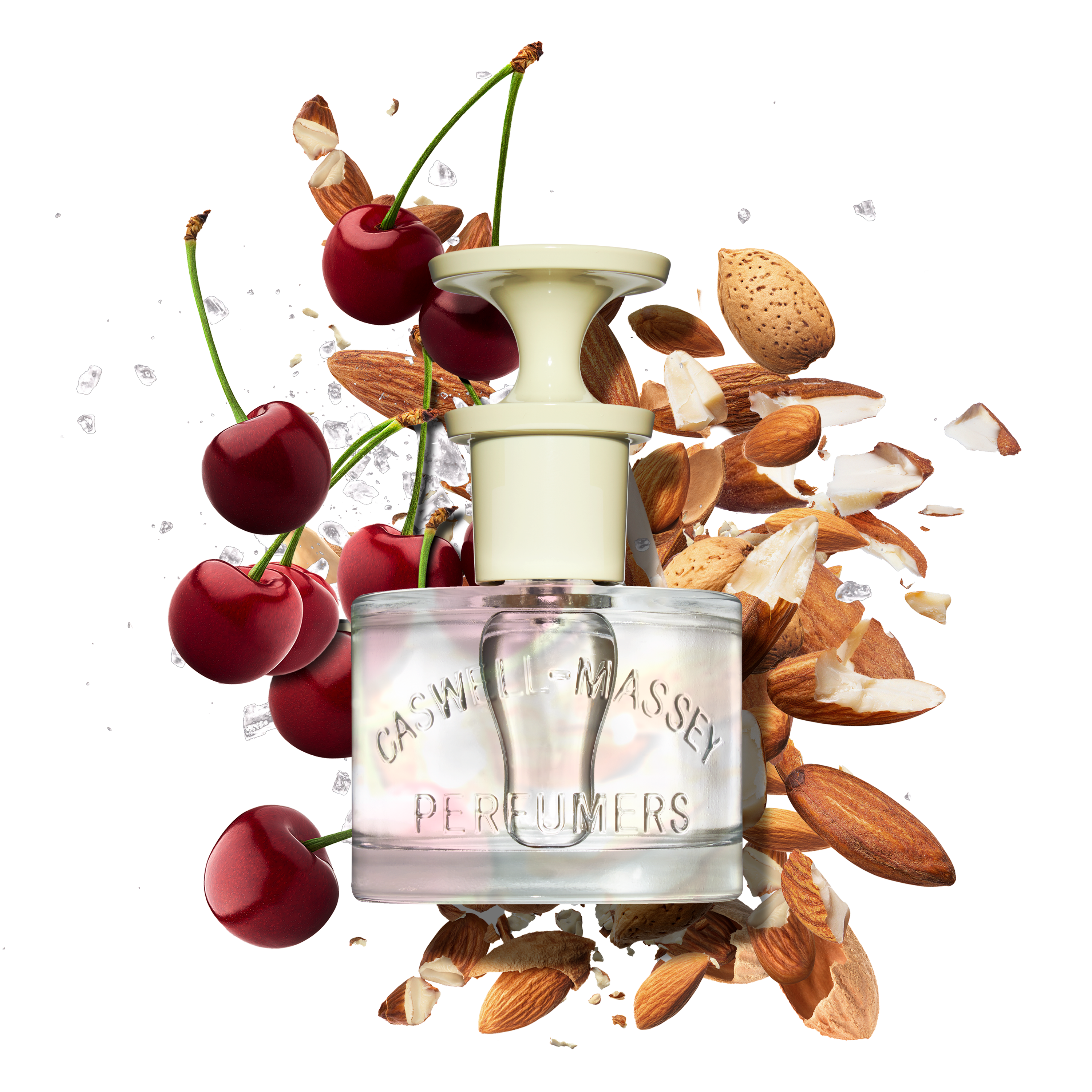 Caswell-Massey Almond Eau de Toilette Fragrance, 60 mL bottle with almonds, cherries, and salt in background to signify scent notes