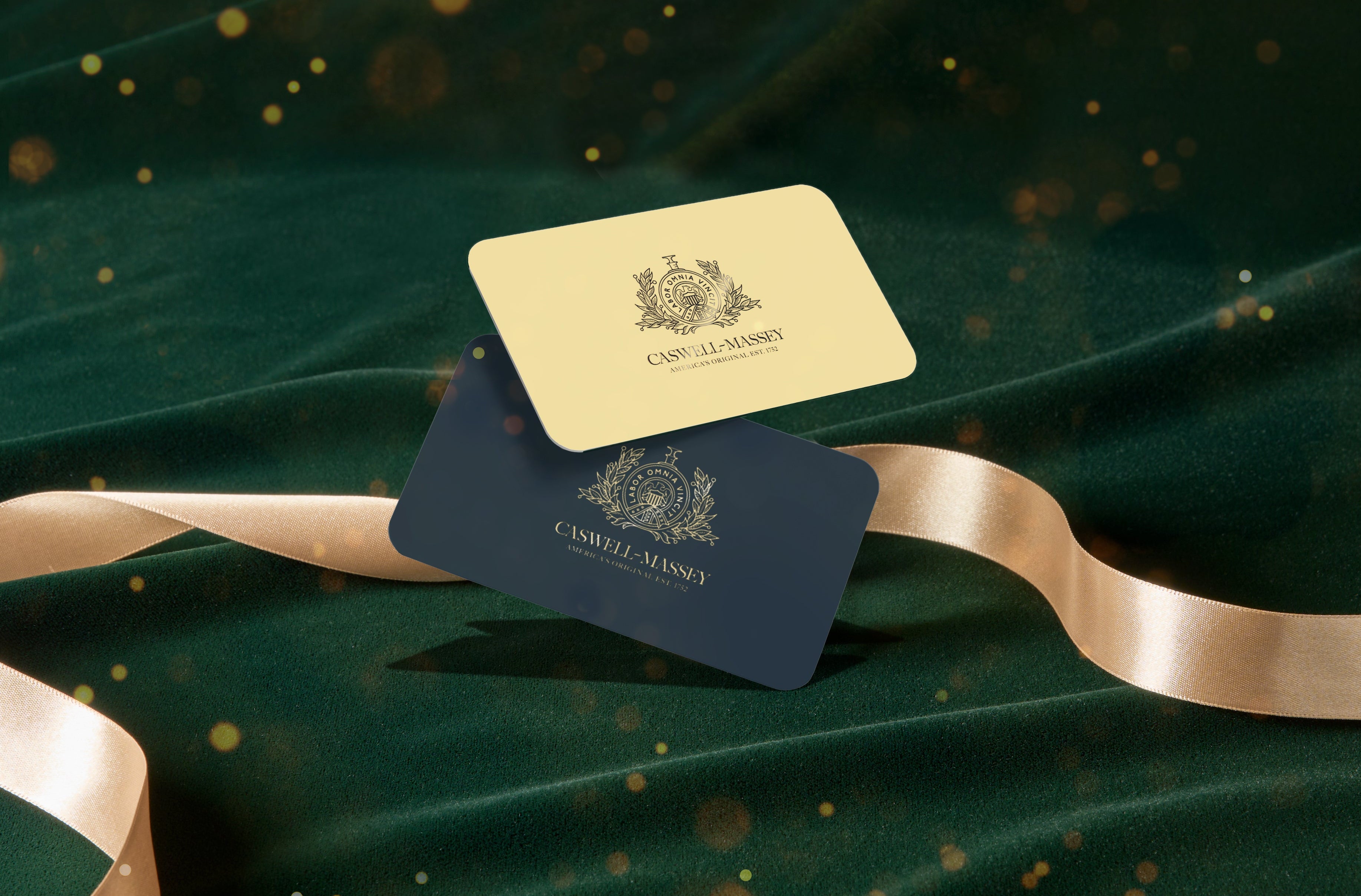 Gift card with blue border on a dark green background with ribbons and lights