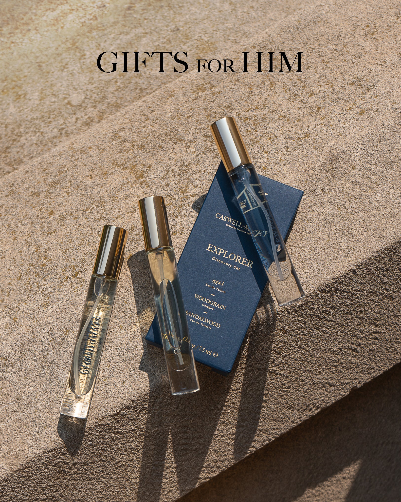 Caswell-Massey Gifts for Grads, Men's Gifts. Image shows the Sandalwood Explorer Discovery Fragrance Set for men.