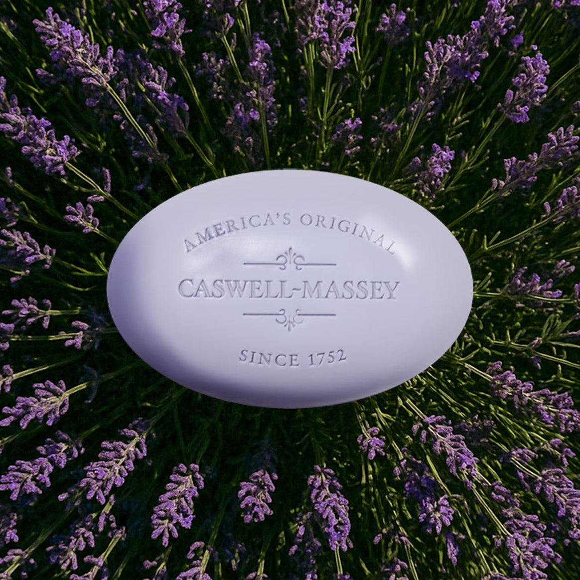 Caswell-Massey Lavender Bar Soap surrounded by lavender flowers