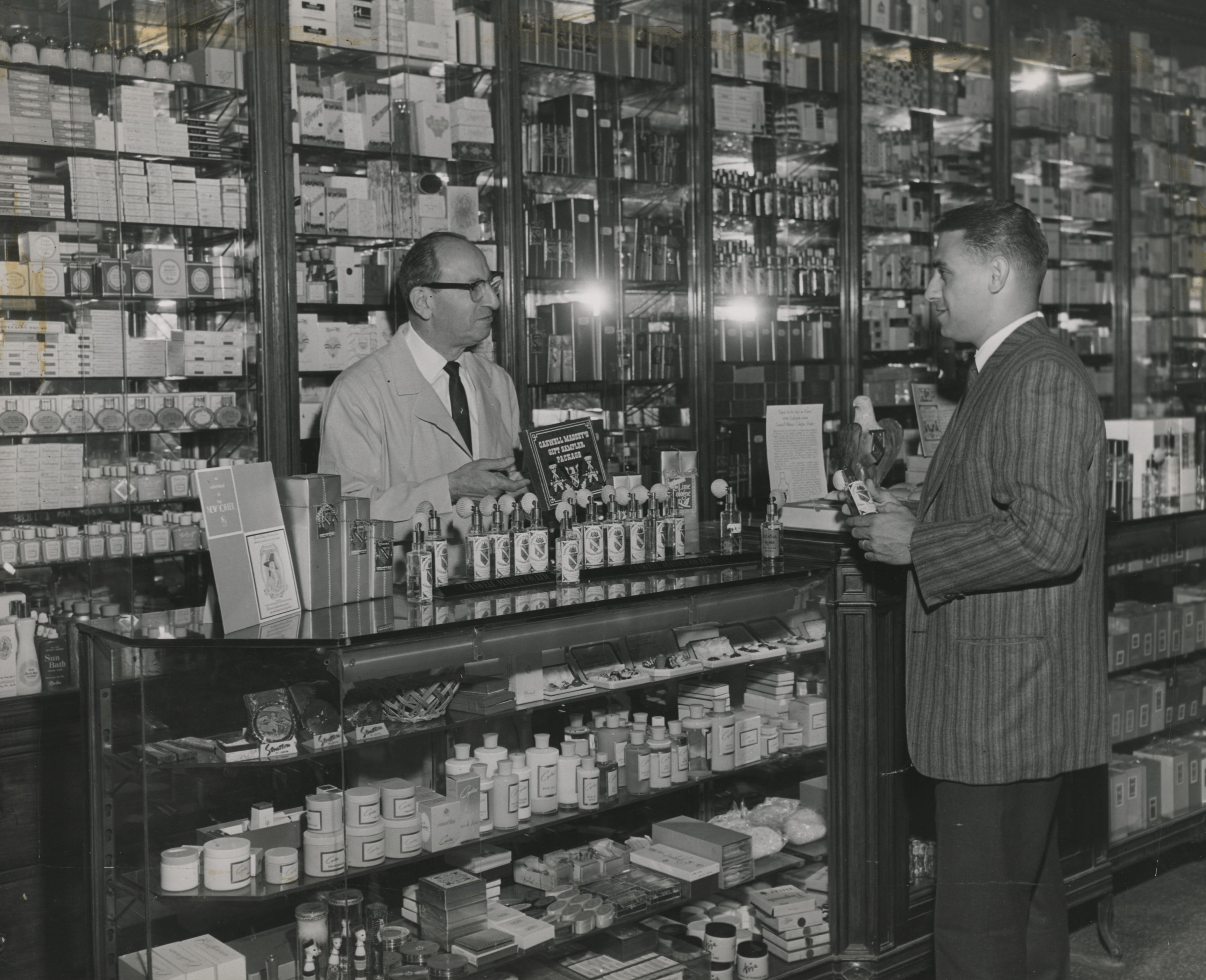 Interior shot of the apothecary store Caswell-Massey had that the corner of Lexingon and 48th in Manhattan in the 1940s