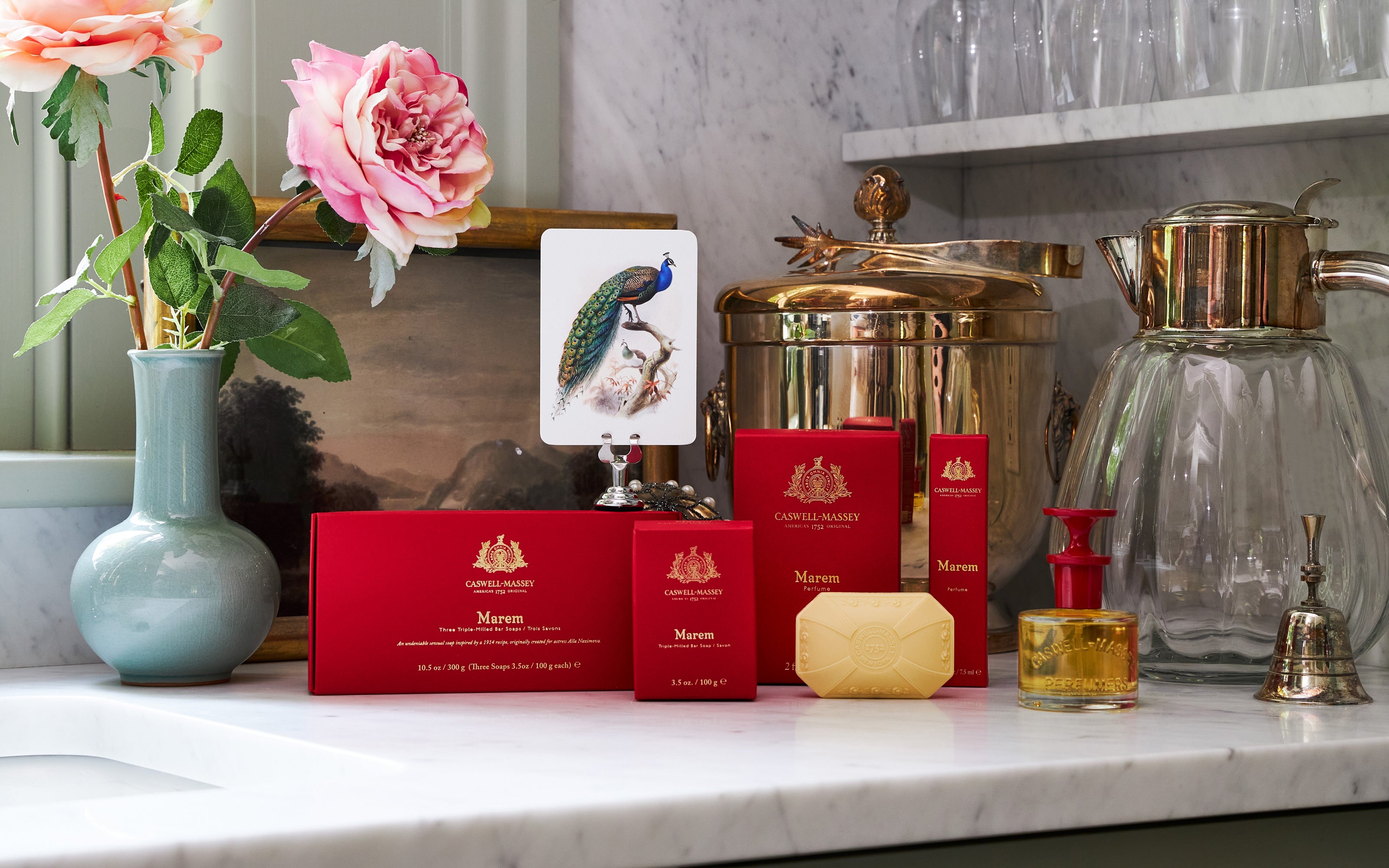 Caswell-Massey Marem Perfume, Marem 3-Soap Gift Set shown in red packaging