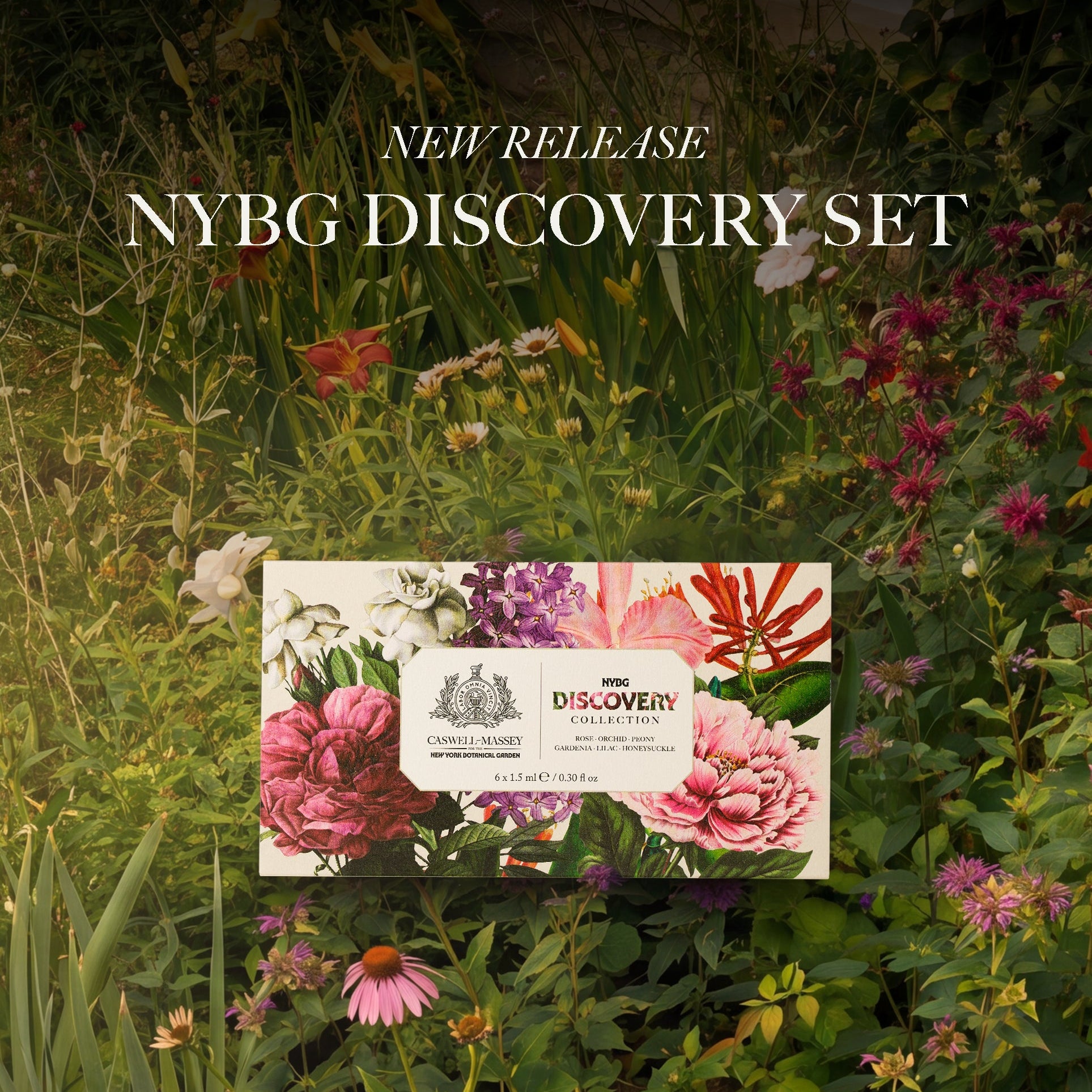 A product box for 'Caswell-Massey x The NYBG Discovery Set' is displayed in a lush garden setting with green foliage and pink flowers. The box features a floral design with pink peonies and red flowers.
