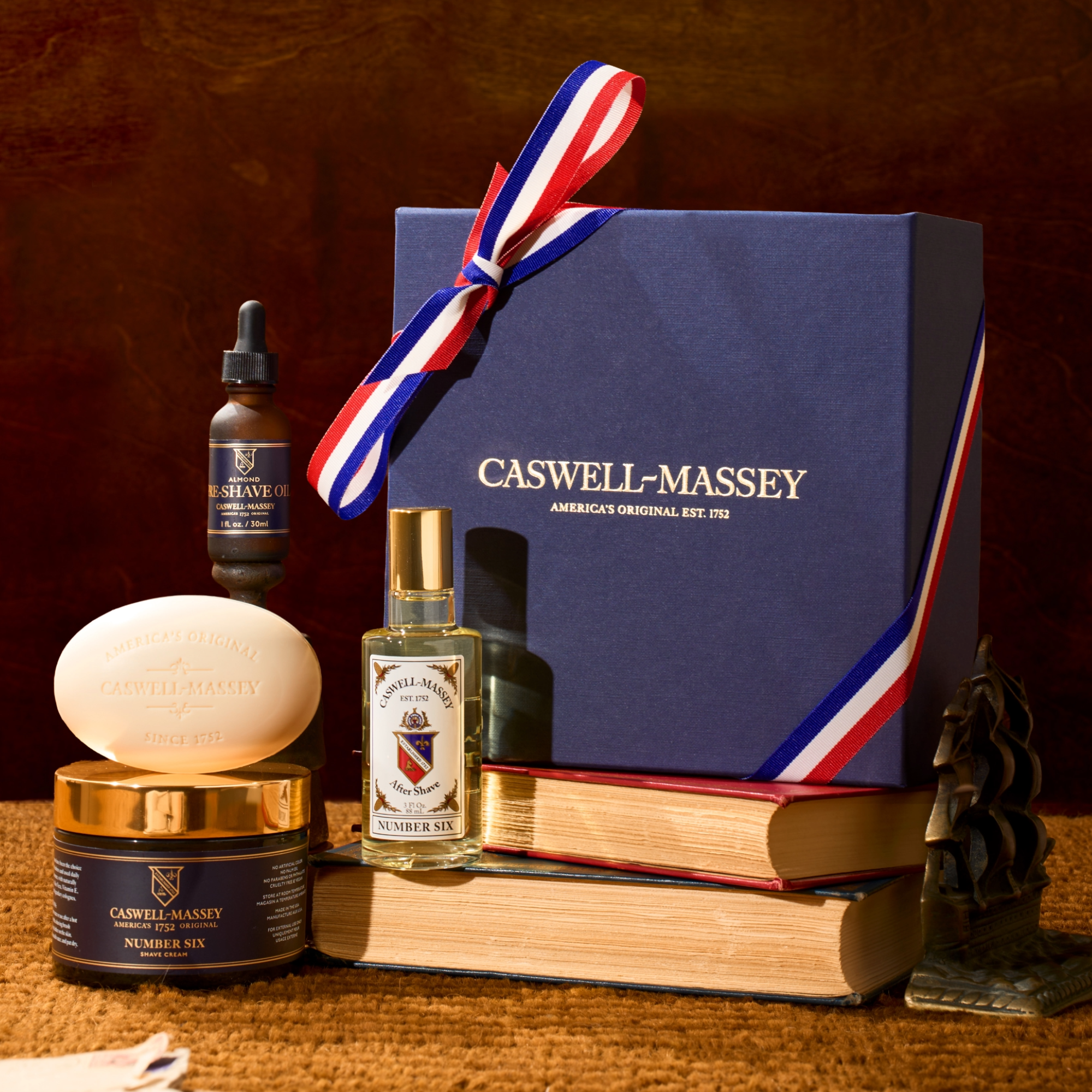 Caswell-Massey Presidential Shaving Kit. Gift Set includes Almond Pre-Shave Oil, Almond Bar Soap, Number Six Shave Cream, and Jockey Club Aftershave