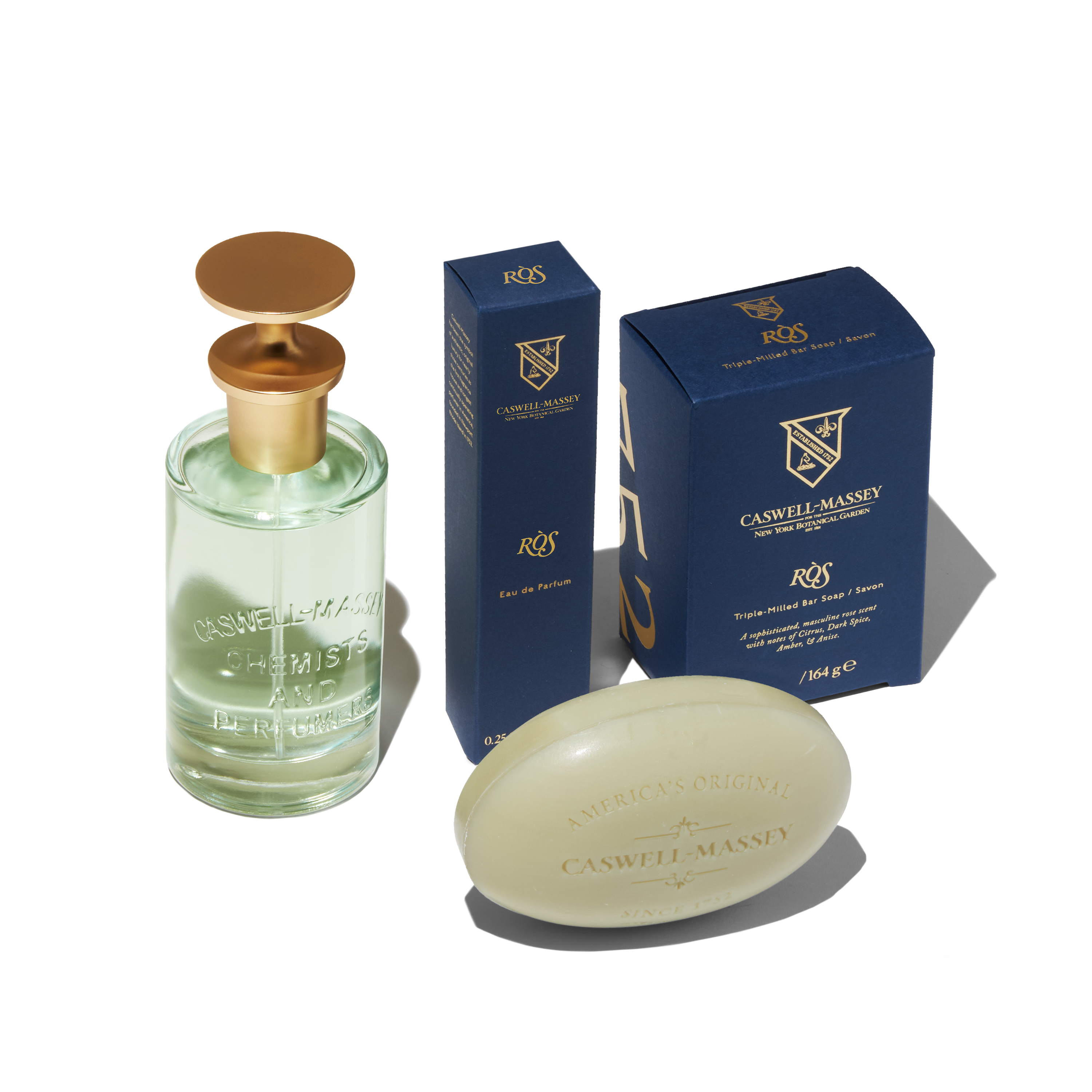 Caswell-Massey RÒS Eau de Parfum for Men. Featuring Full size 100ml, travel size 7.5ml, and RÒS Bar Soap 5.8oz