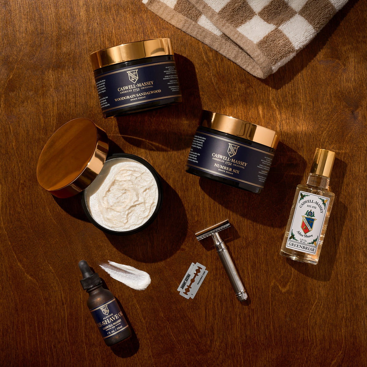 Caswell-Massey Shave Collection: Number Six Shave Cream, Greenbriar Aftershave, Chrome Razor, and Pre-Shave Oil for men