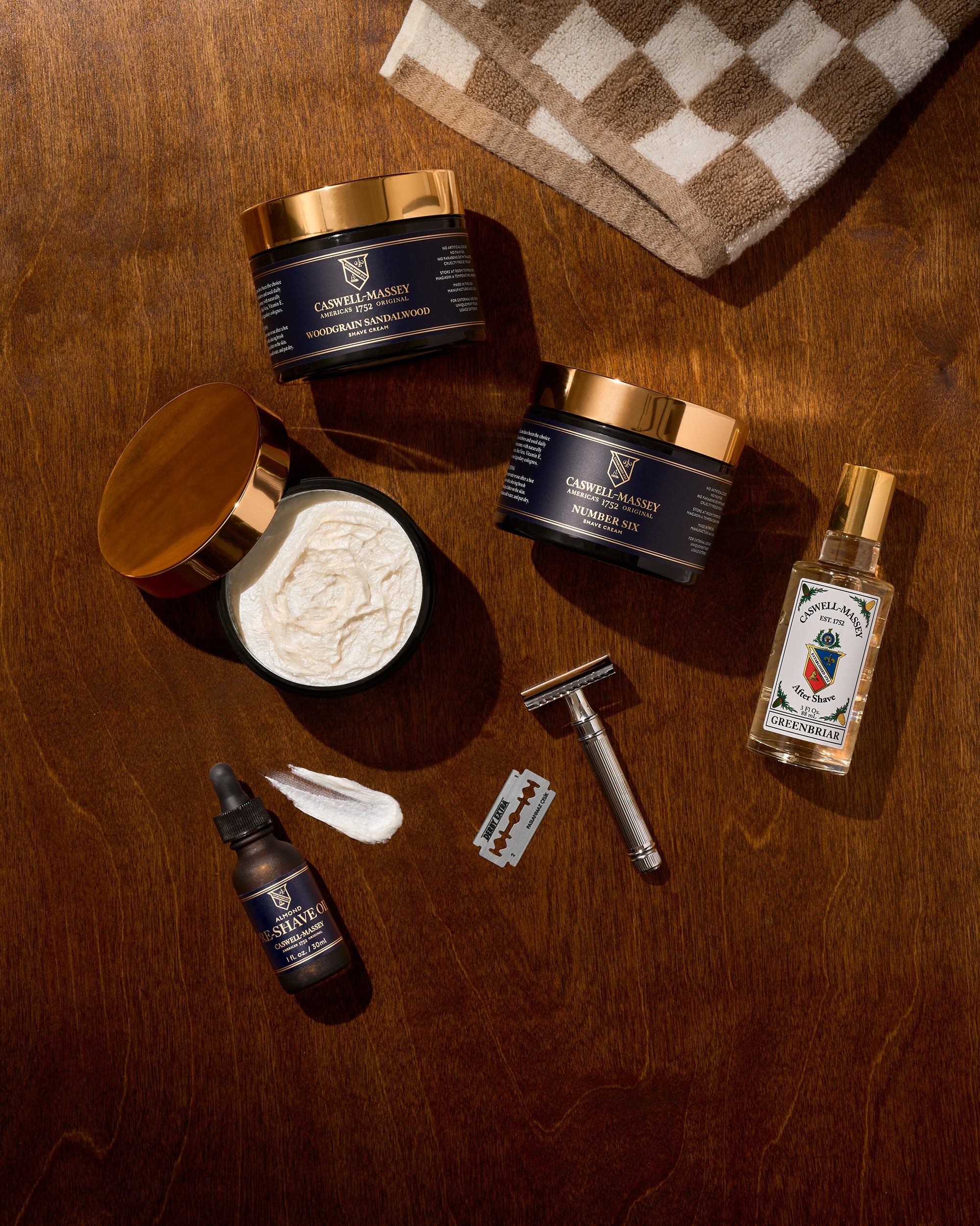 Caswell-Massey Shave Collection: Number Six Shave Cream, Greenbriar Aftershave, Chrome Razor, and Pre-Shave Oil for men