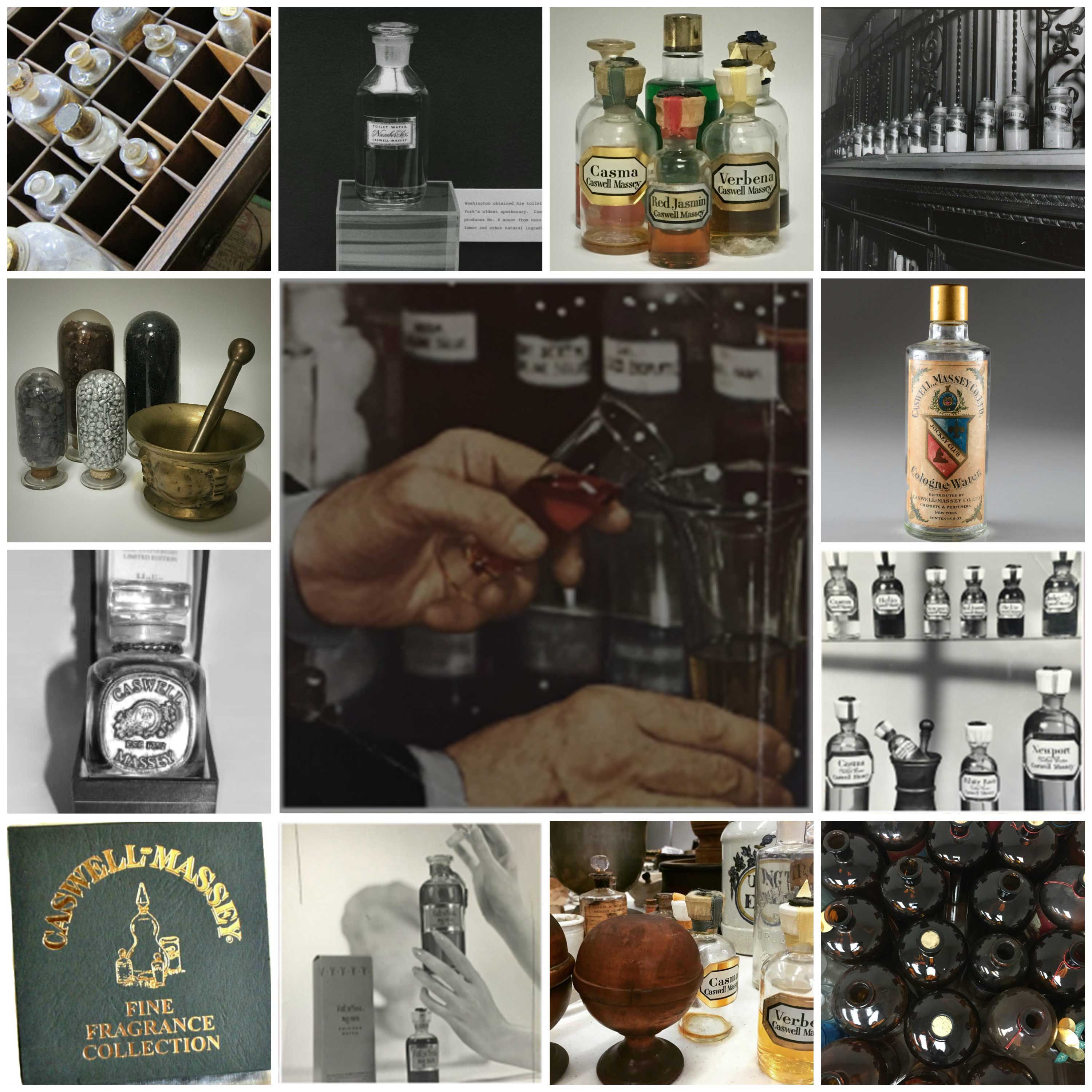 Collage of vintage images of bottles and colognes and apothecary items