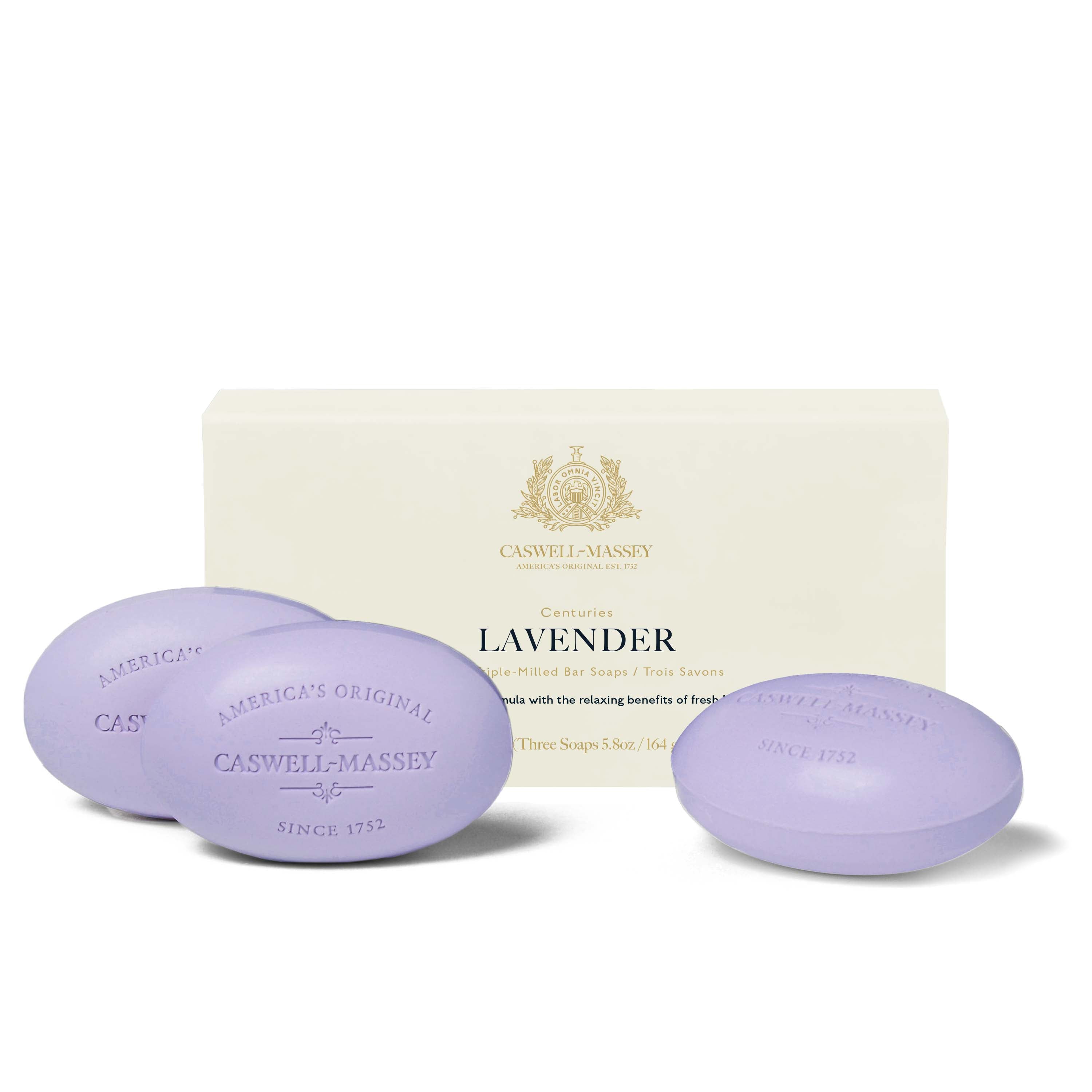Caswell-Massey® Centuries Lavender 3-Soap Set shown with cream gift box alongside purple bars of soap