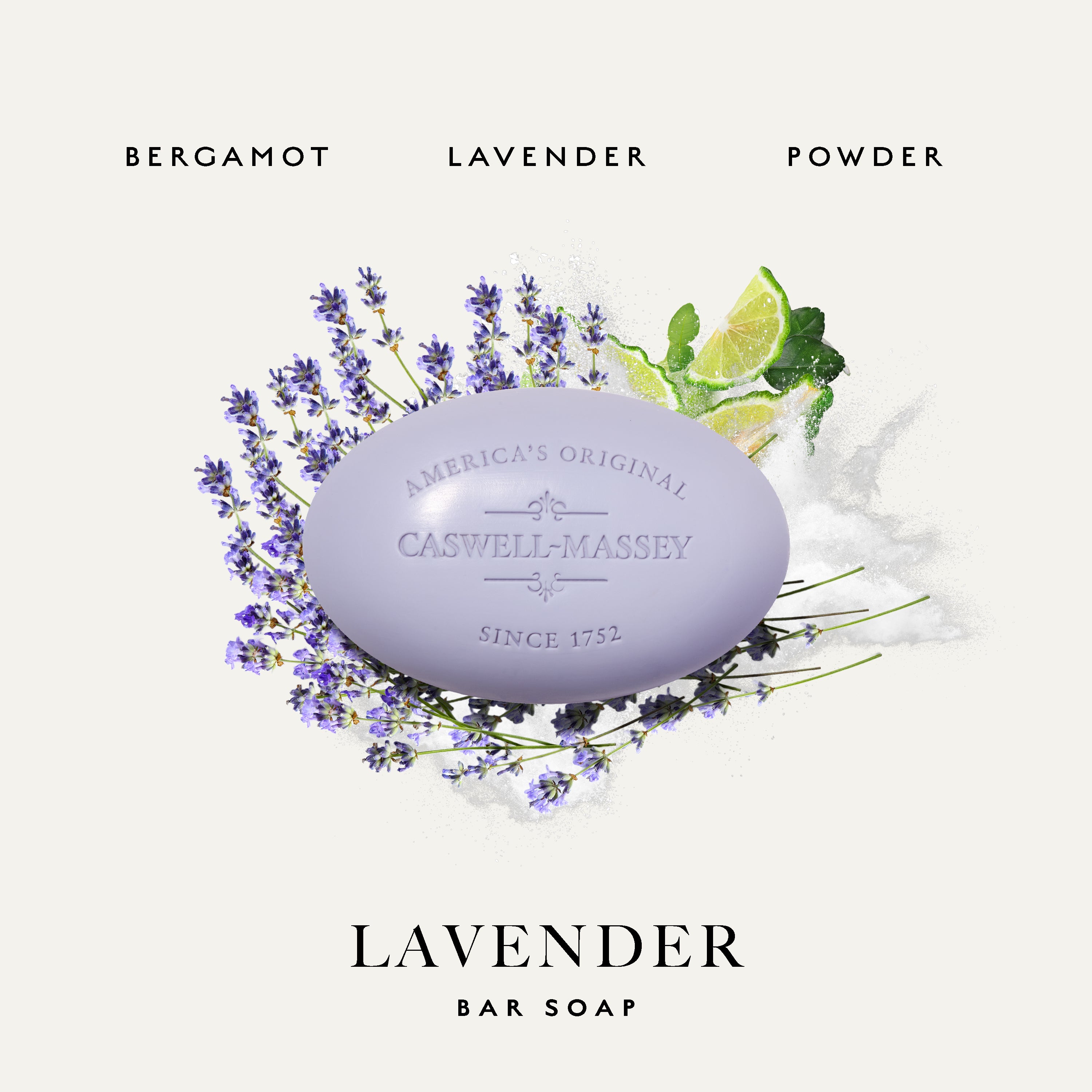Caswell-Massey lavender bar soap centered on a light cream background, surrounded by watercolor illustrations of purple lavender flowers, green leaves, and a lime slice. Text above reads 'BERGAMOT LAVENDER POWDER' and the soap itself is embossed with 'CASWELL-MASSEY'.