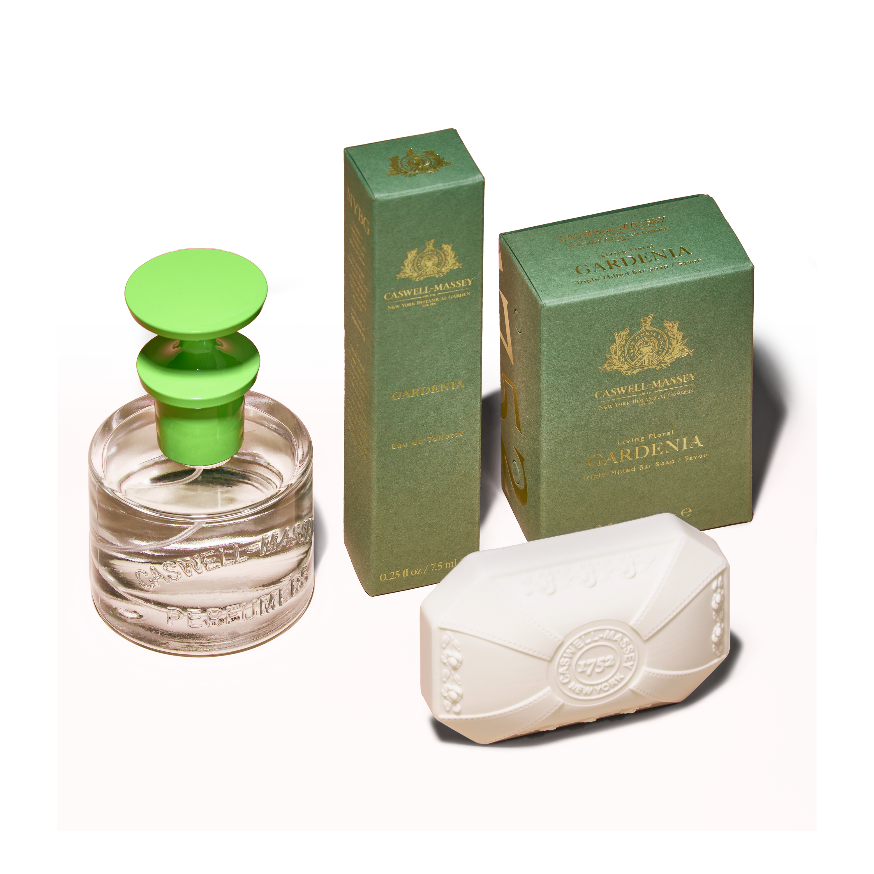 Caswell-Massey Gardenia Eau de Toilette for Women showing full-size 60ml, travel-size 7.5ml, and Gardenia Bath Soap