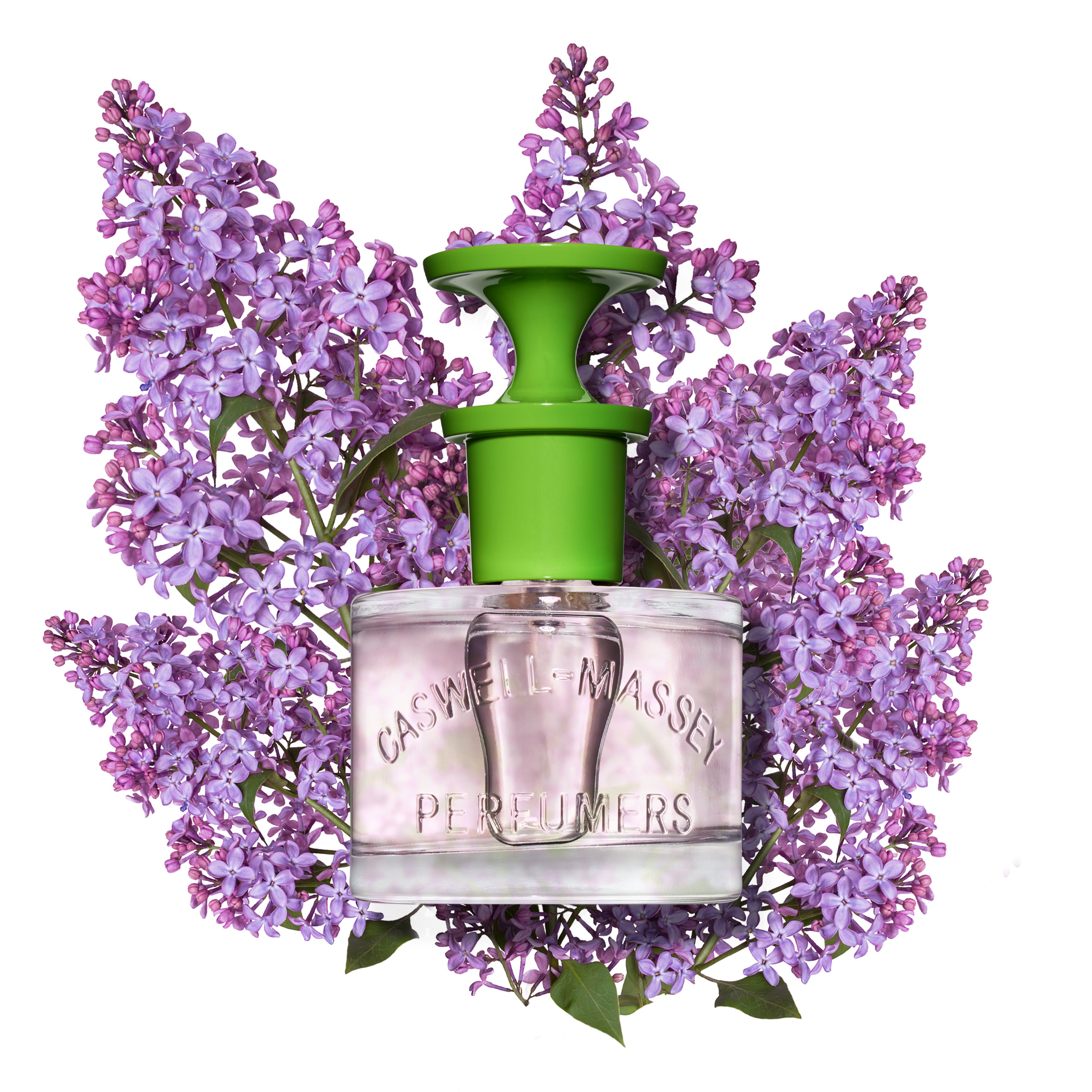 Lilac Eau de Toilette, Fine Fragrance by Caswell-Massey, 60mL Full Size shown in front of fresh purple lilacs