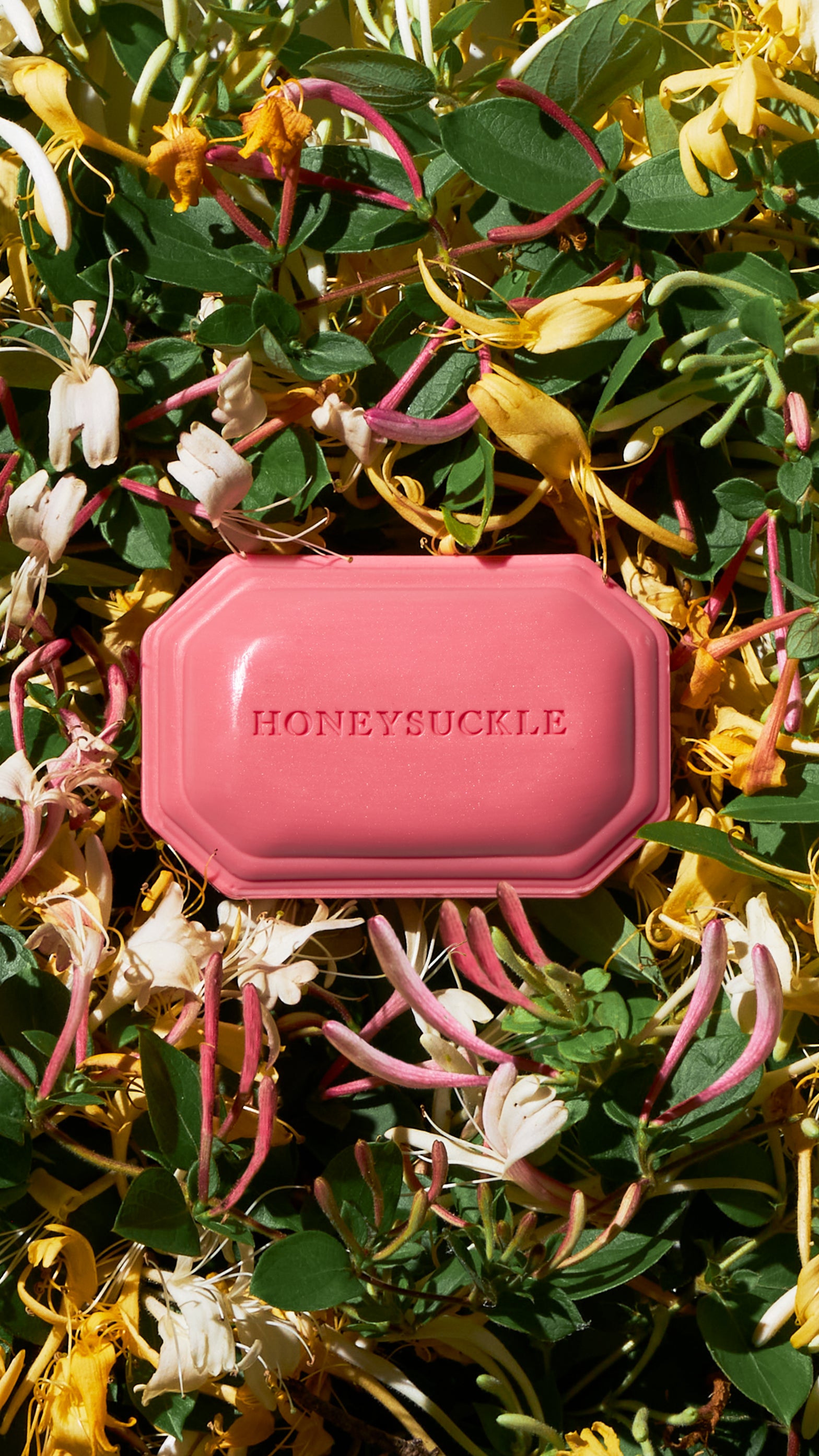 Honeysuckle floral bath soap sitting atop a bed of wild honeysuckle flowers, made by Caswell-Massey in collaboration with NYBG