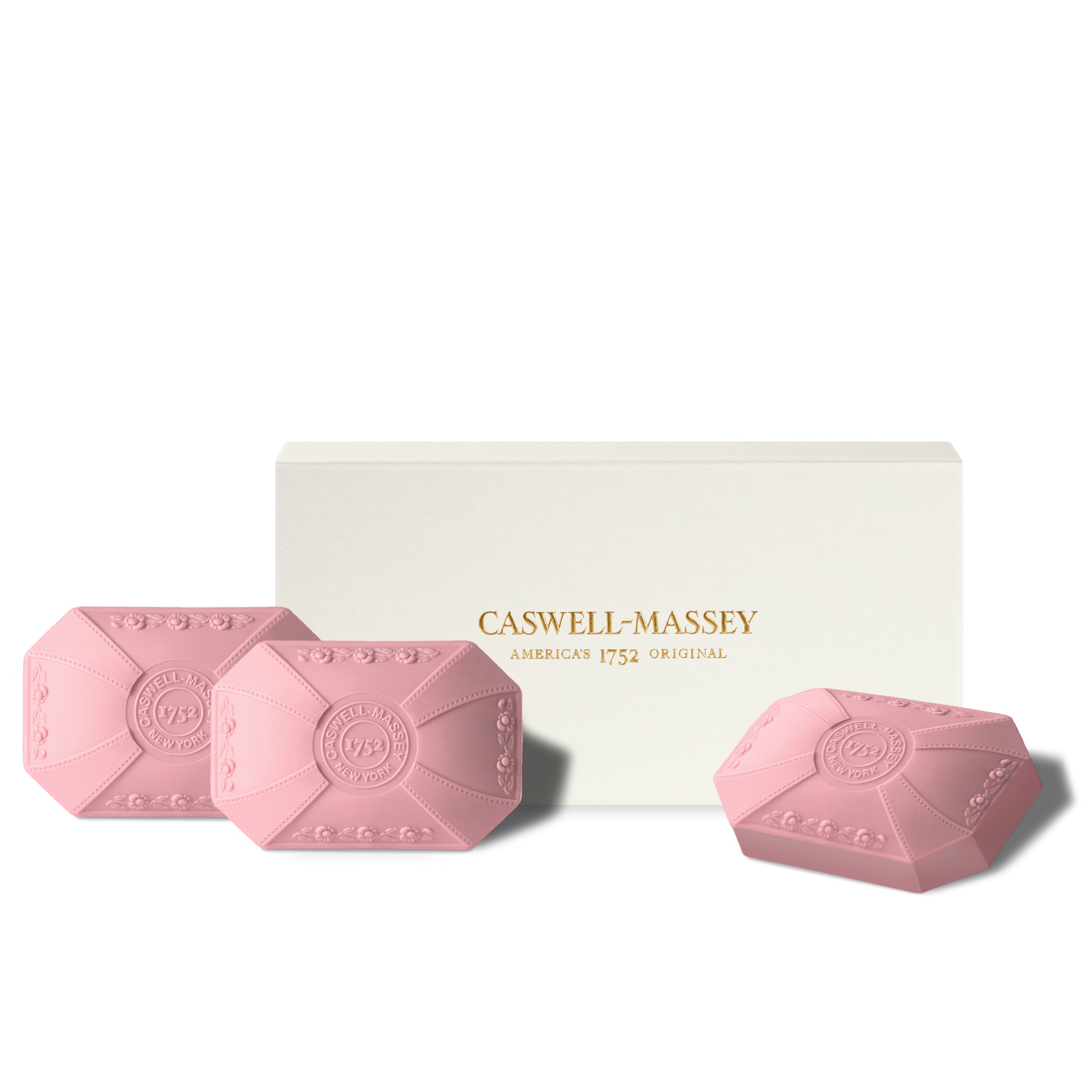 Caswell-Massey Rose 3-Soap Set shown with gift box alongside rose pink bar soaps