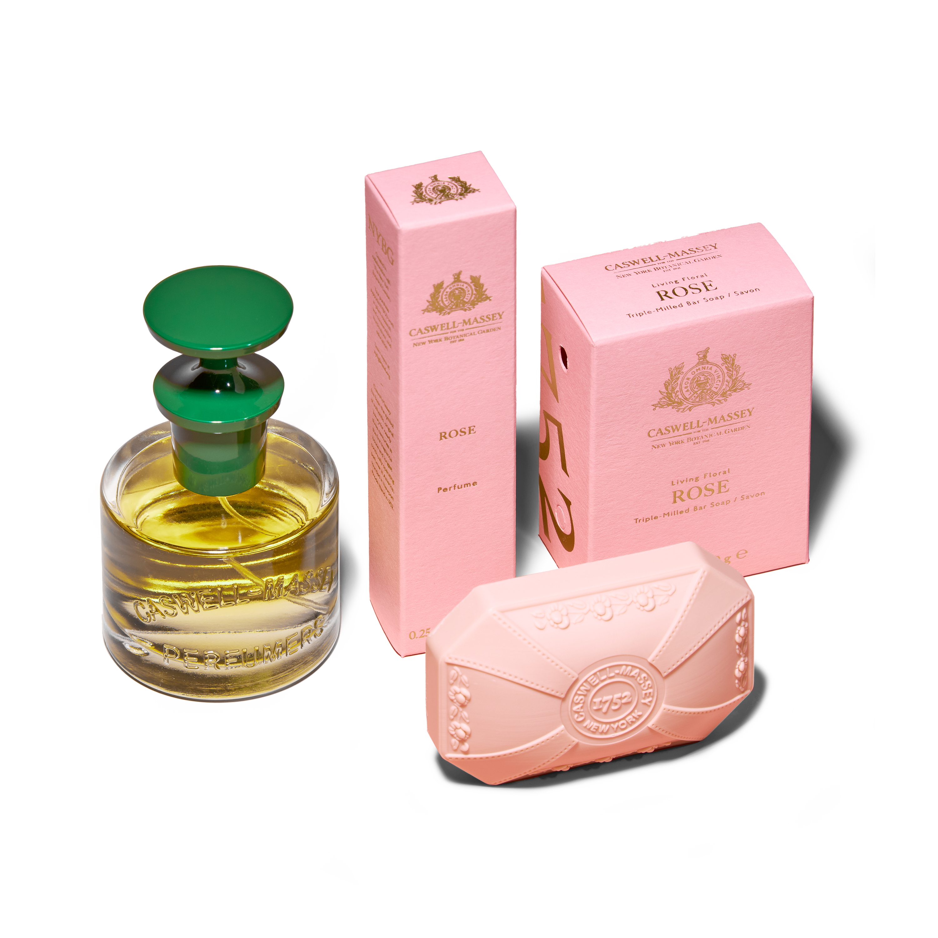 Caswell-Massey Rose Perfume for Women shown as full-size 60ml, travel-size 7.5ml, and Rose Bath Soap