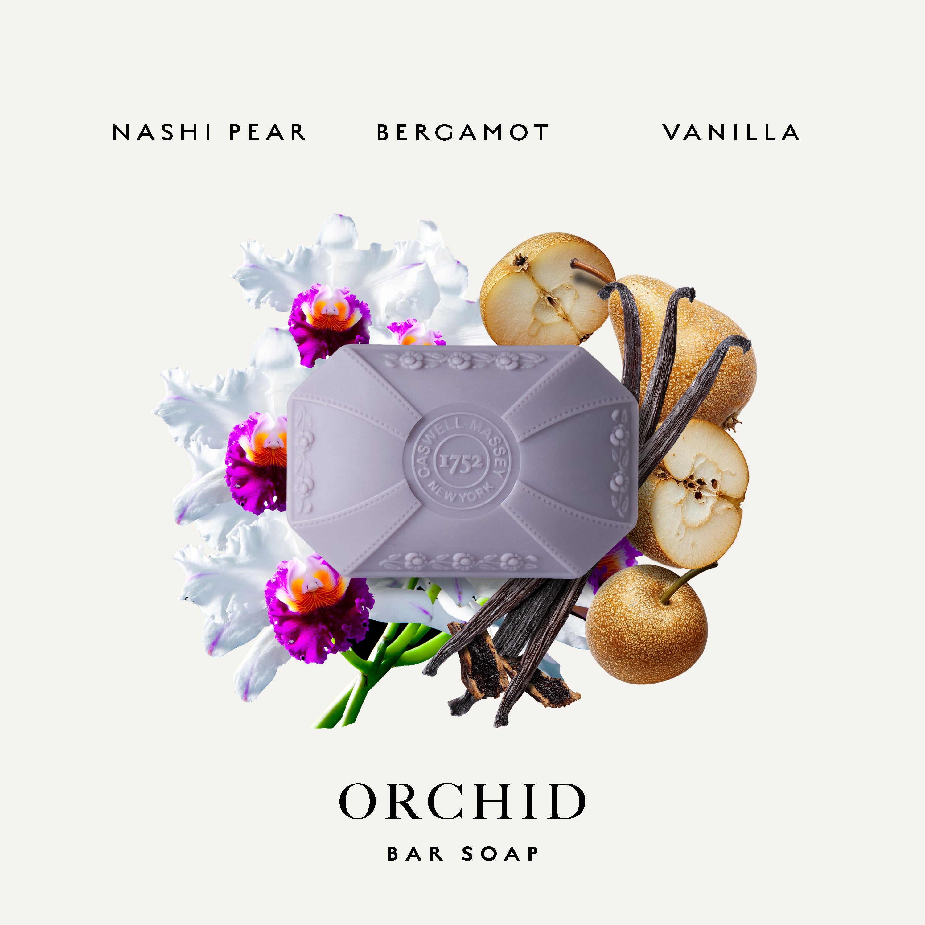 A bar of orchid scented soap by Caswell-Massey, styled with white orchids, sliced pears, vanilla beans, and a lavender-colored soap bar on a light beige background. Text at the top reads 'NASHI PEAR BERGAMOT VANILLA' and the bottom reads 'ORCHID BAR SOAP'.