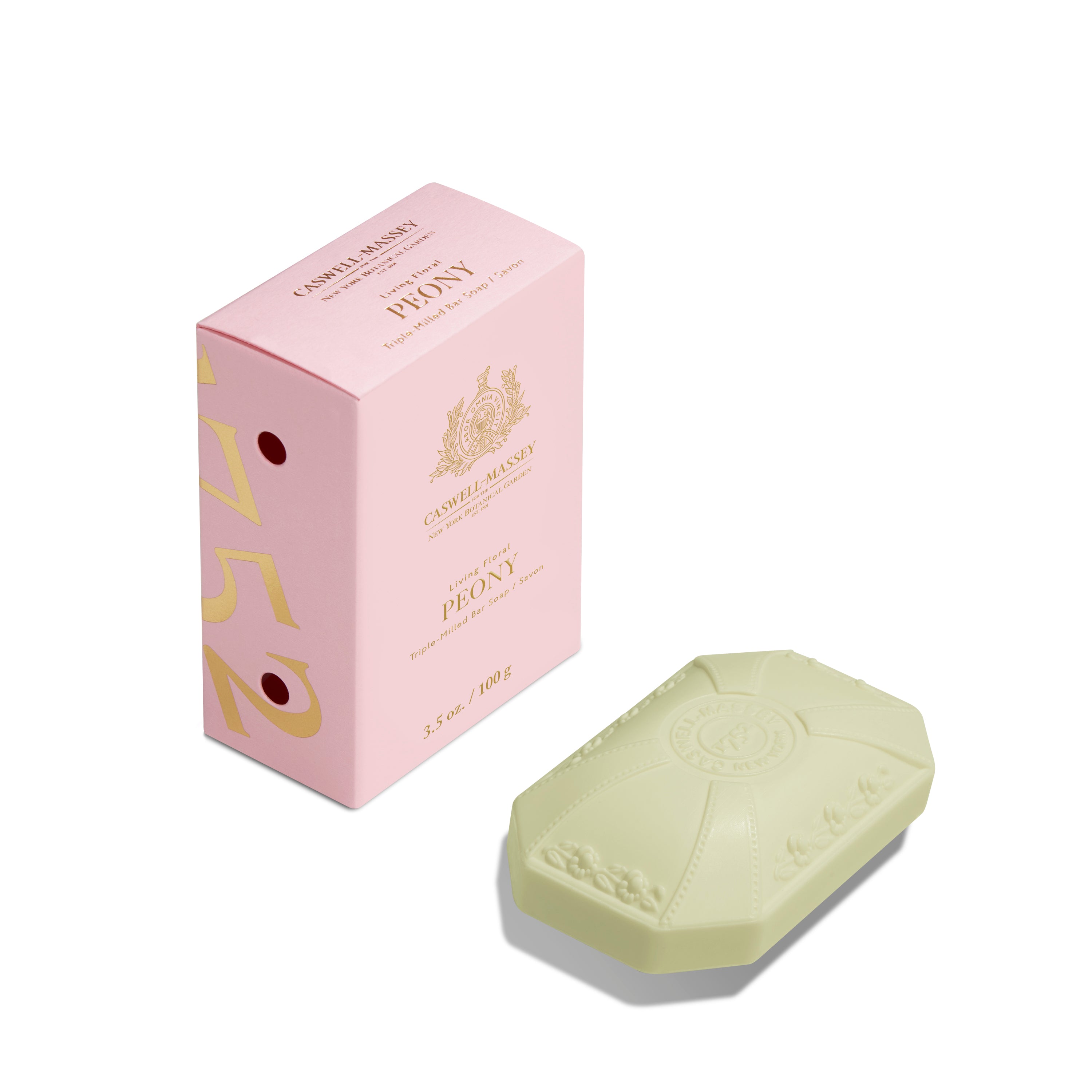 Caswell-Massey: NYBG Peony Bath Soap in light green color and decorative shape Packshot