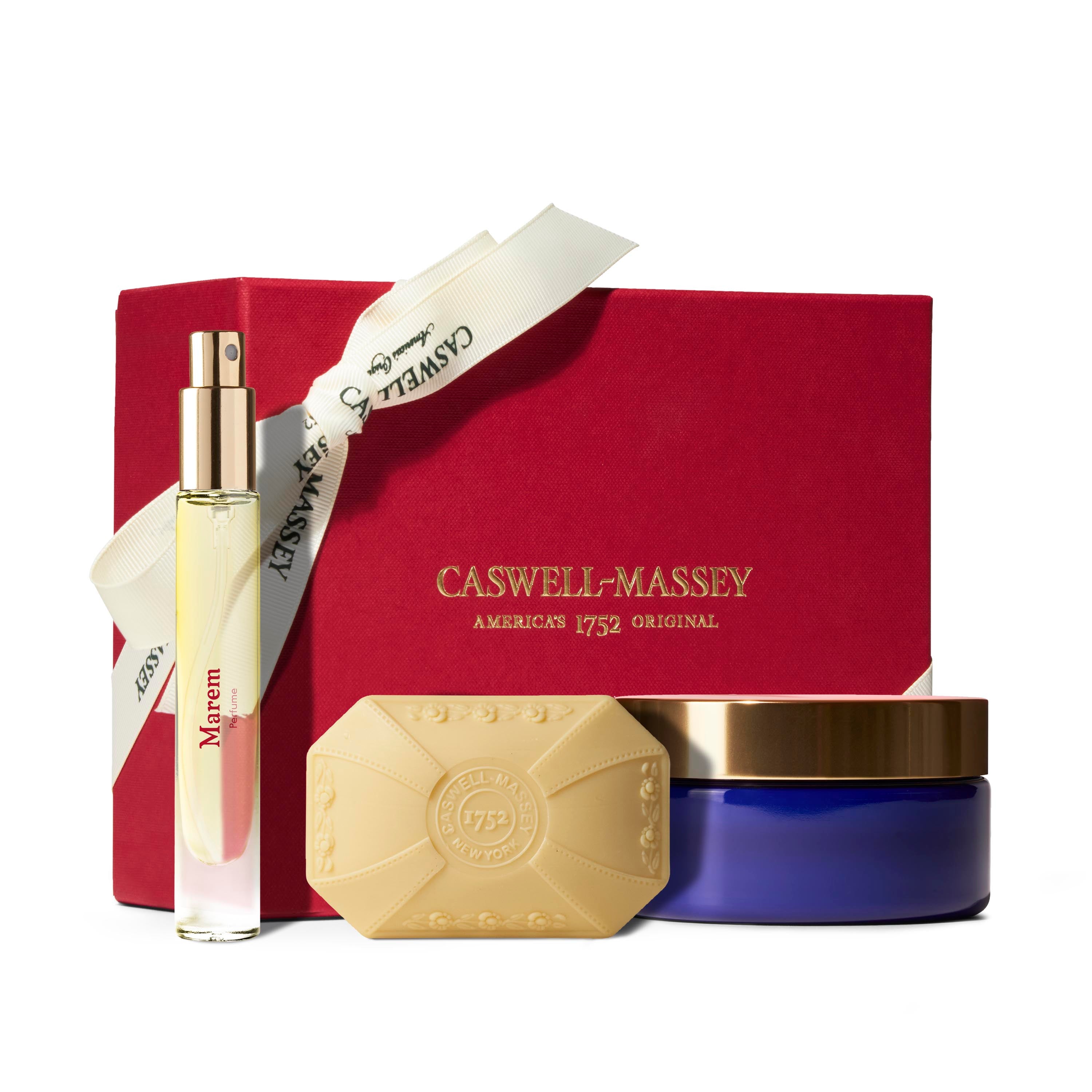 Caswell-Massey® Marem Gift Set. Red Box with Cream ribbon. Includes one Marem scented Soap, one Marem scented Body Cream, and one Marem scented 50ml Fragrance.