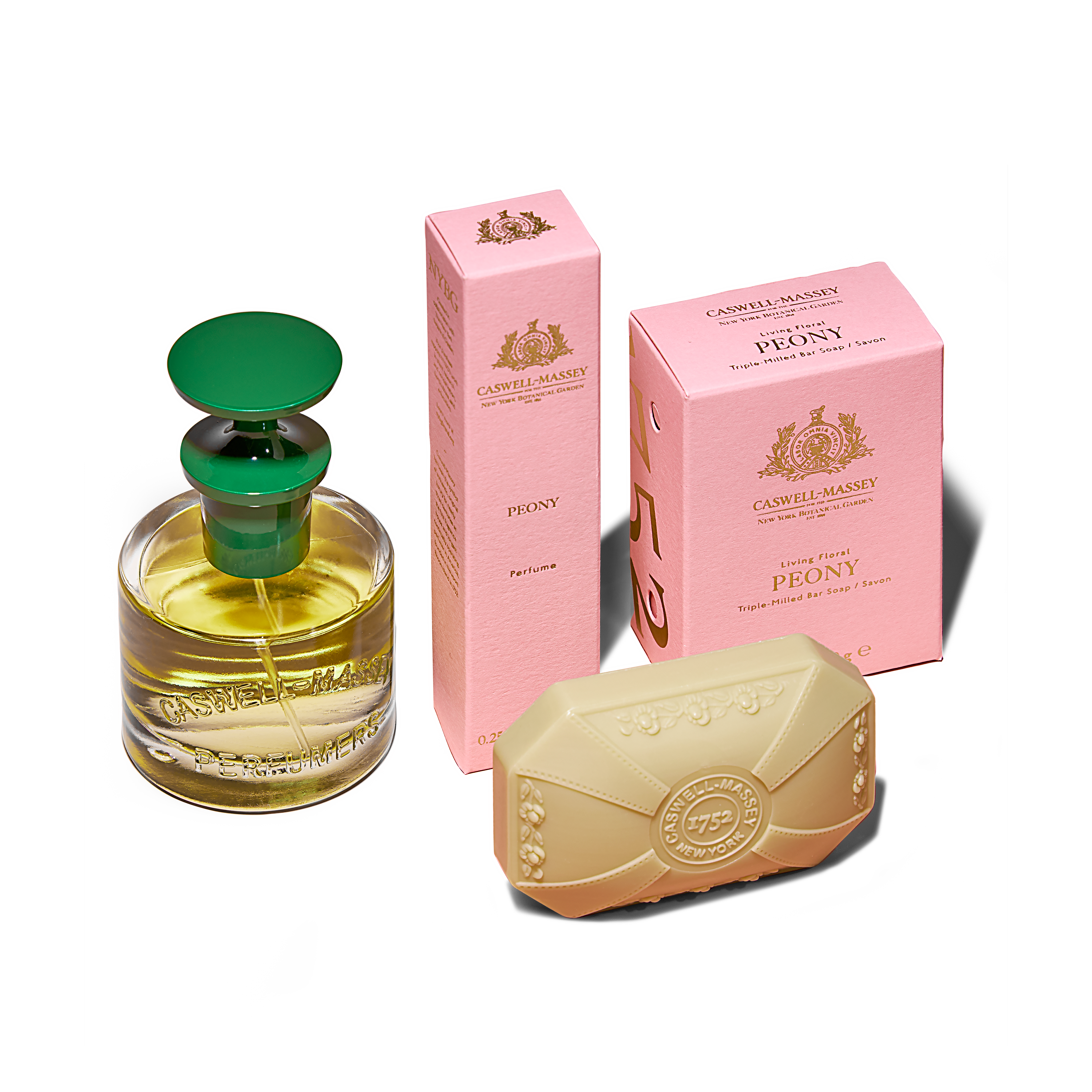 Caswell-Massey Peony Perfume for Women showing full-size 60ml, travel-size 7.5ml, and Peony Bath Soap