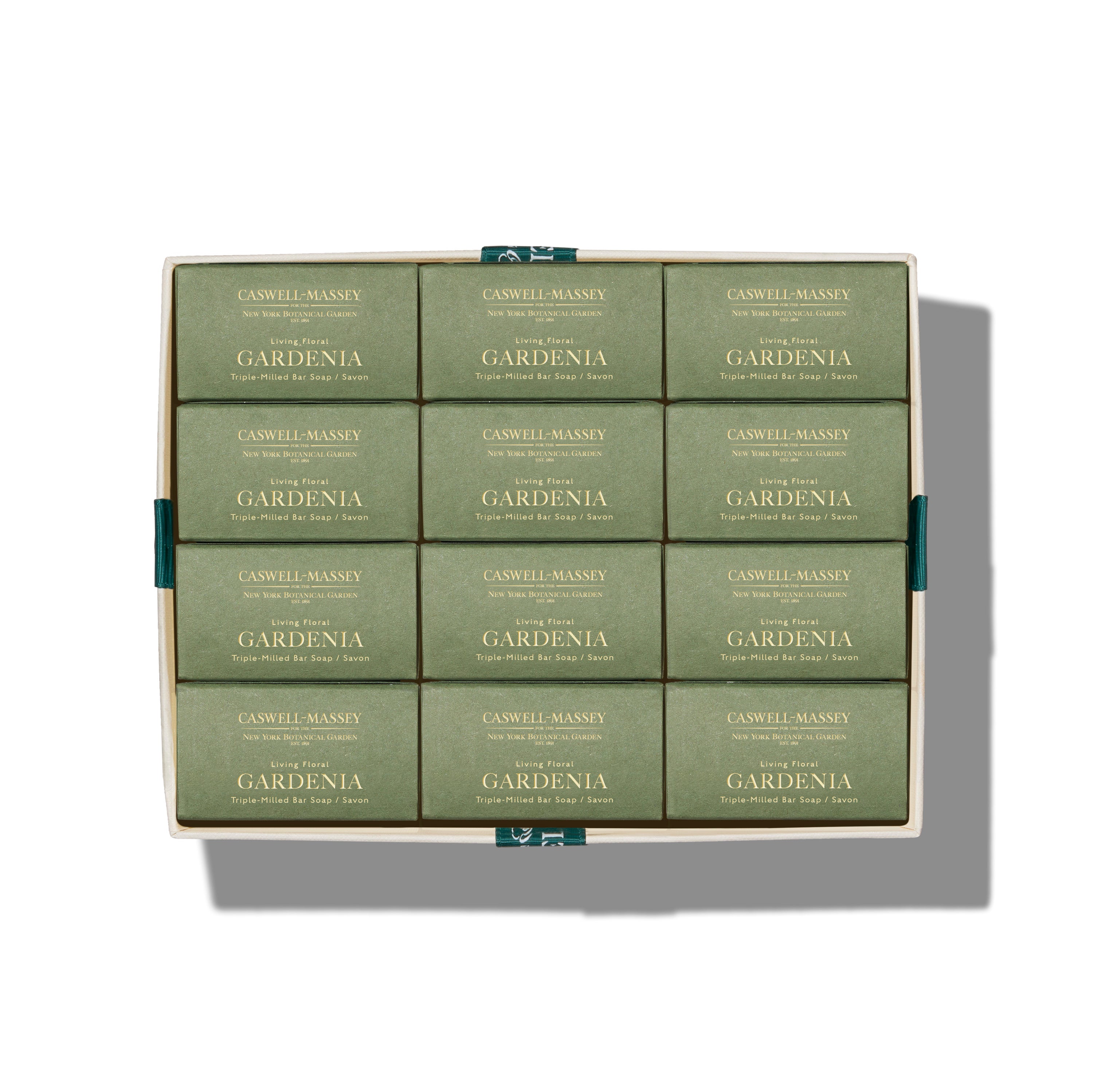 Caswell-Massey Gardenia Year of Soap 12-bar soap set, shown in gift box with ribbon