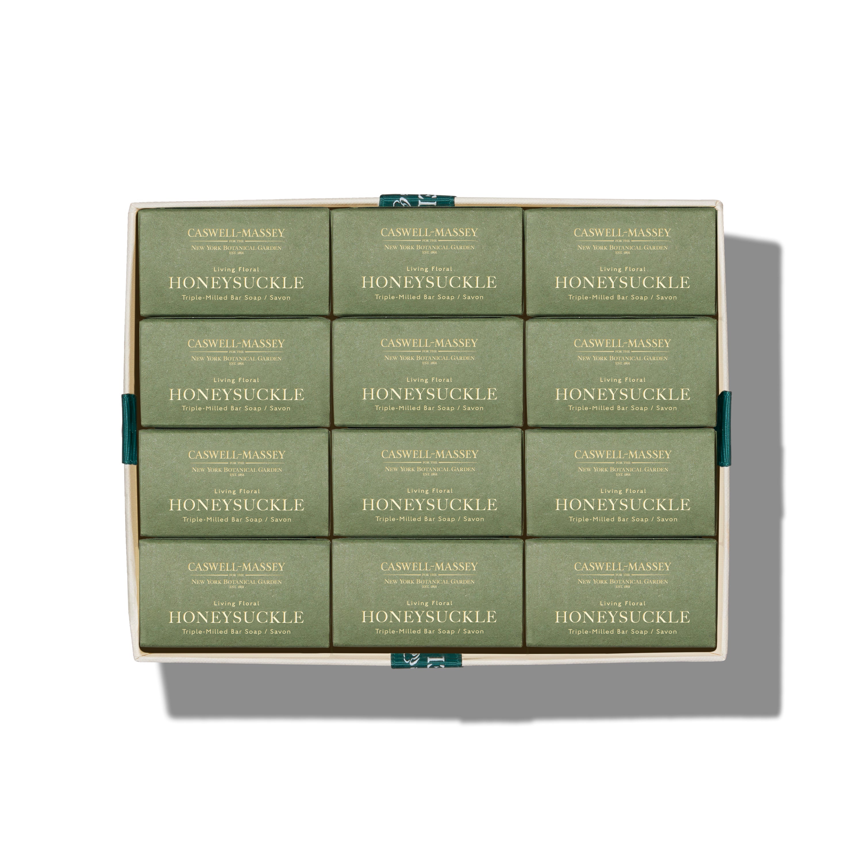 Caswell-Massey Honeysuckle Year of Soap 12-bar gift set, shown with gift box and ribbon