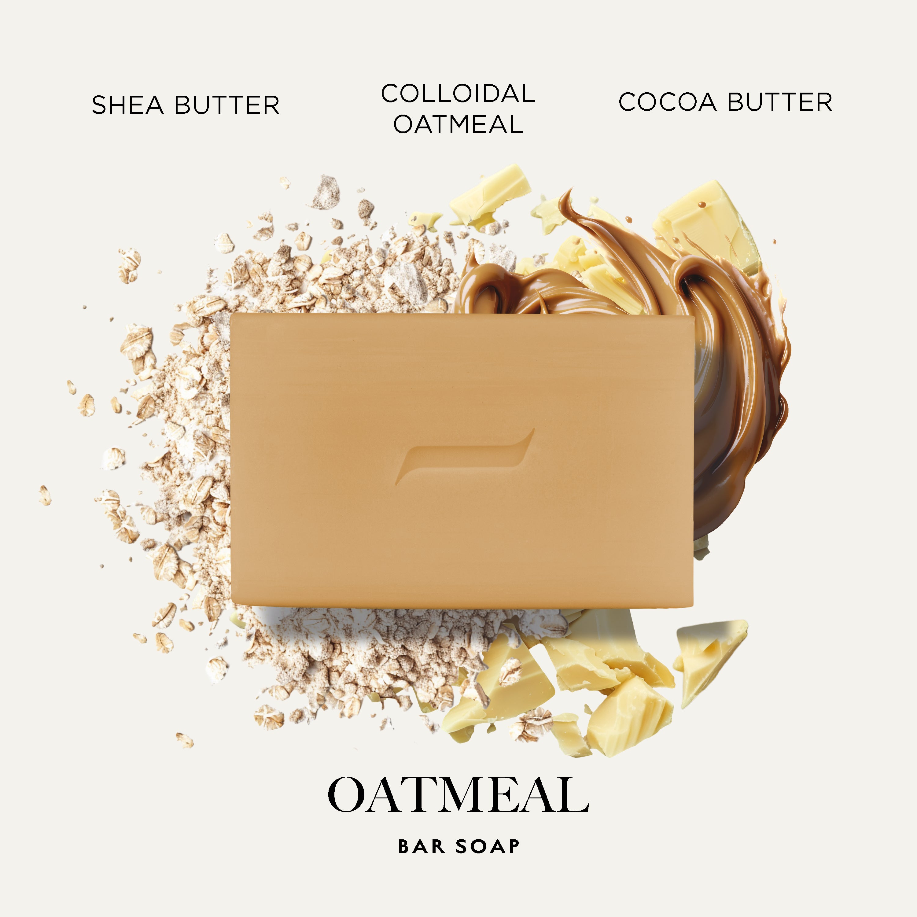 A rectangular Caswell-Massey Oatmeal Bar soap centered on a light cream background, surrounded by styled ingredients including oatmeal flakes, cocoa butter swirl, and butter chunks. Text at the top reads 'SHEA BUTTER', 'COLLOIDAL OATMEAL', and 'COCOA BUTTER', and text at the bottom reads 'OATMEAL BAR SOAP'.