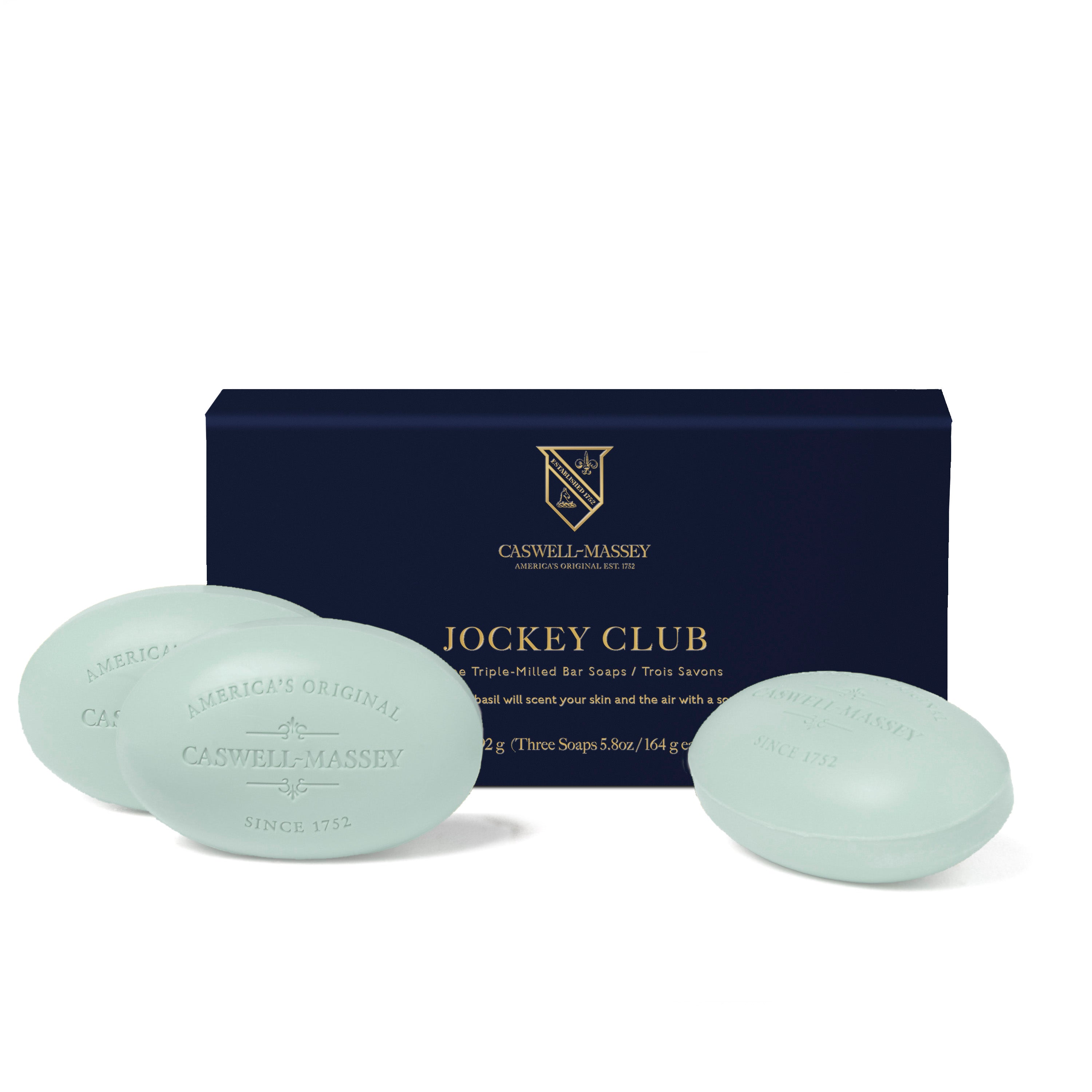 Caswell-Massey® Heritage Jockey Club 3-Soap shown alongside navy gift box