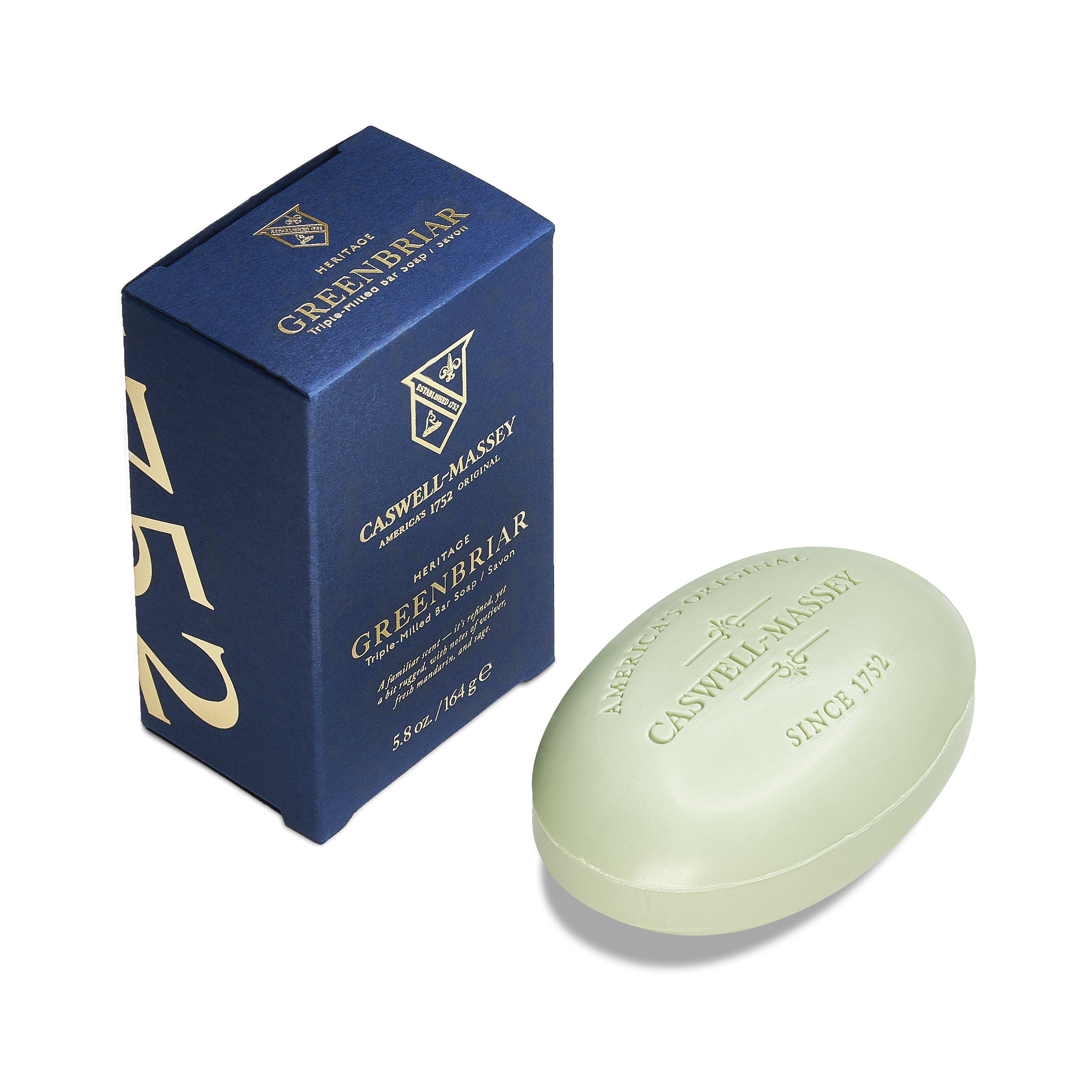 Caswell-Massey® Heritage Greenbriar Bar Soap shown with navy blue box