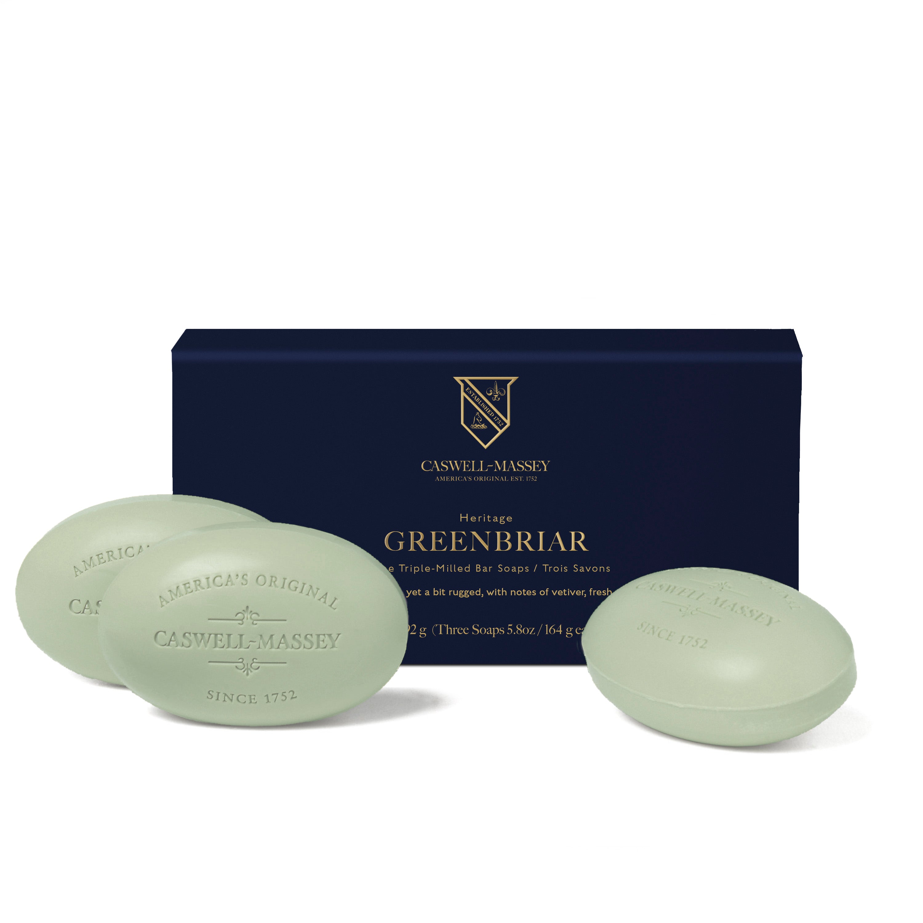 Caswell-Massey® Heritage Greenbriar 3-Soap Set shown with navy blue gift box alongside green bars of soap