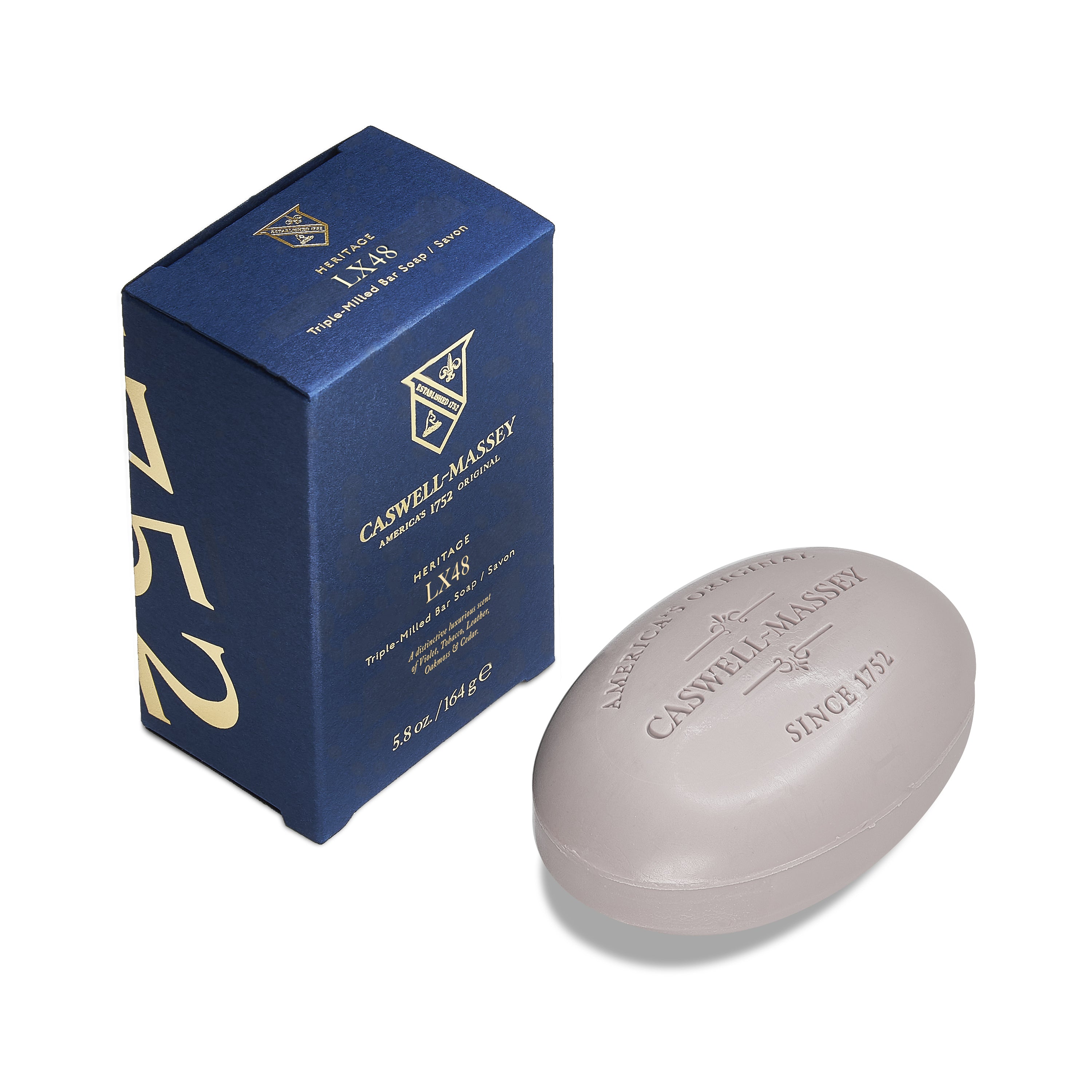 Caswell-Massey® LX48 Bar Soap shown with navy blue outer box