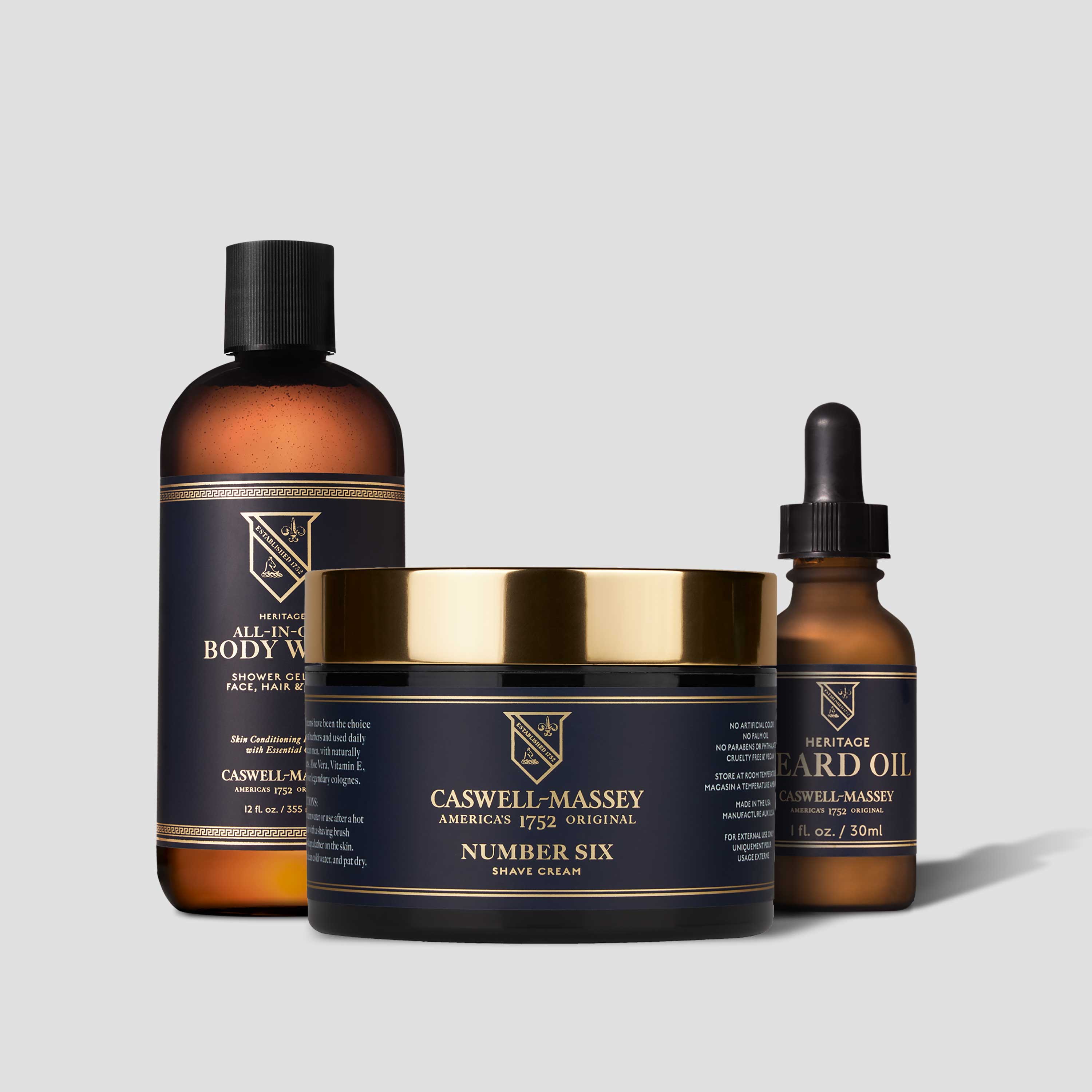 Caswell-Massey Number Six Shave Cream shown with All-in-One Body Wash and Beard and Face Oil for full men's grooming routine