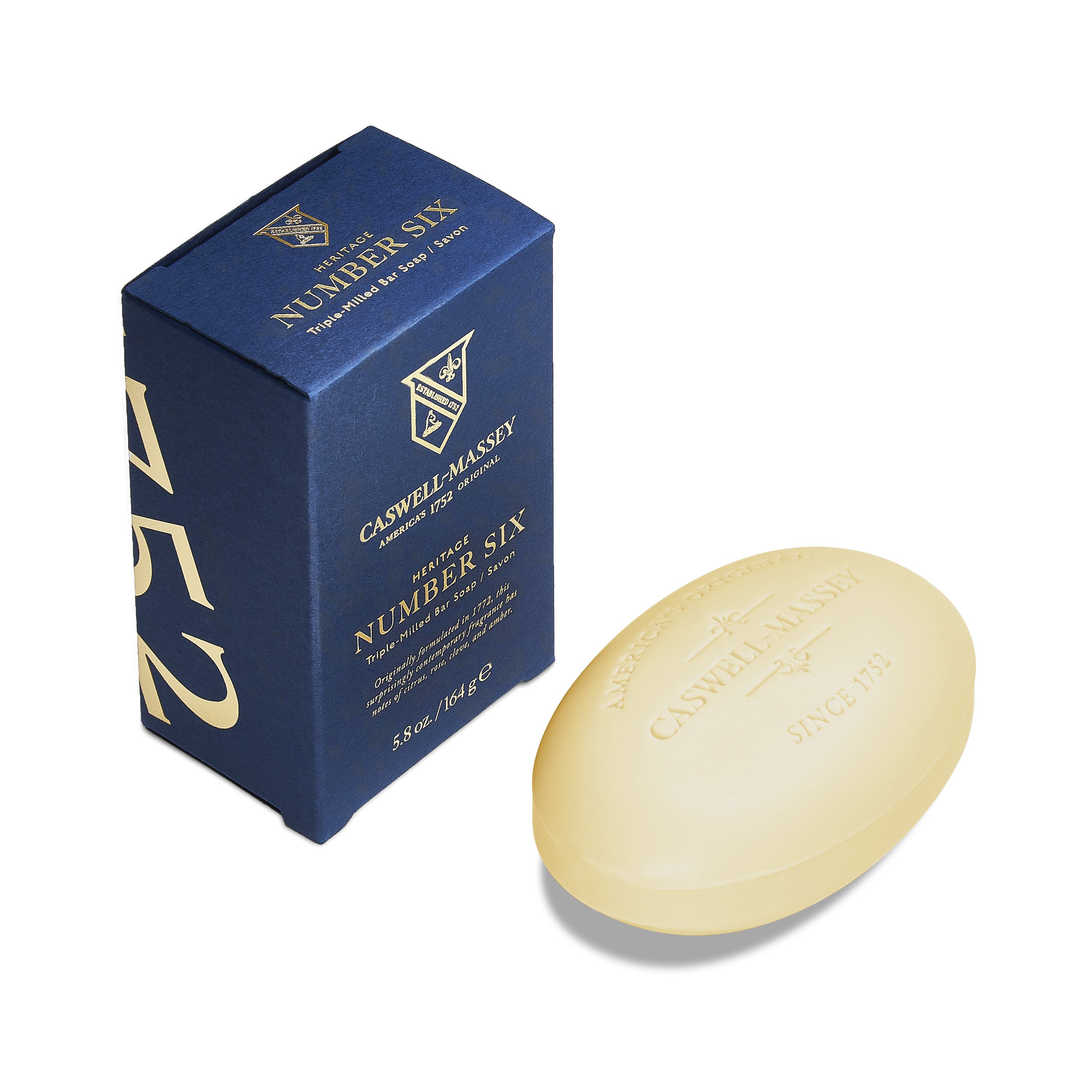 Caswell-Massey® Heritage Number Six Bar Soap shown with navy blue outer box