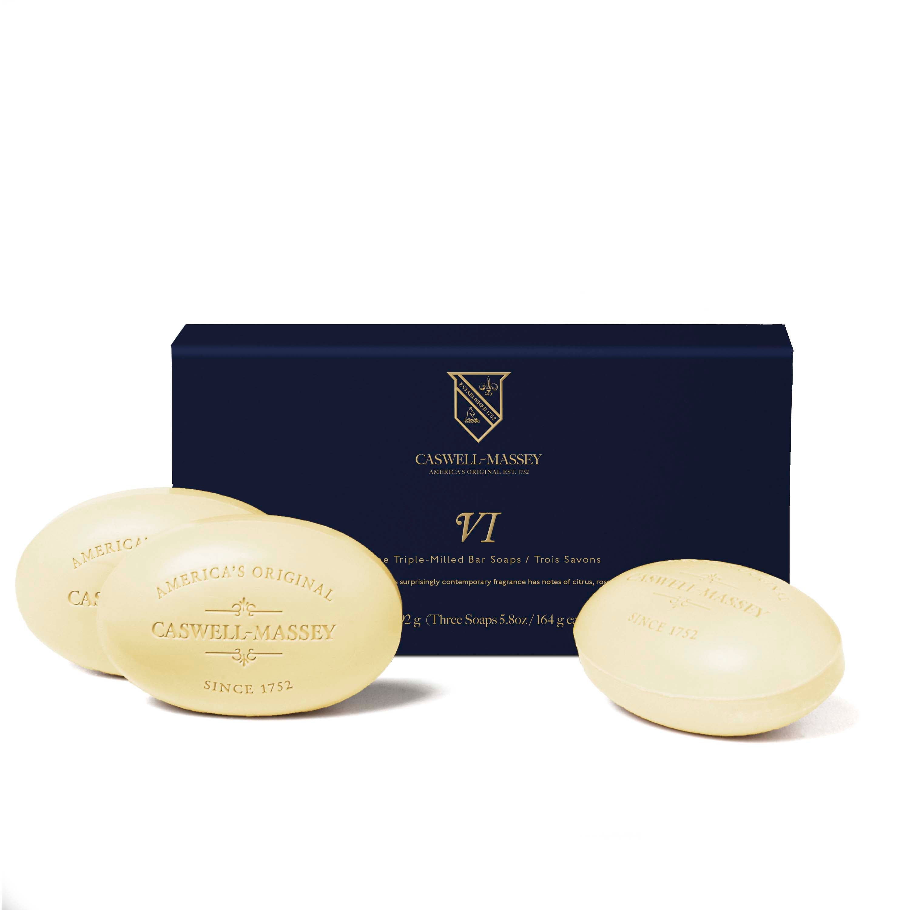 Caswell-Massey® Heritage Number Six 3-Soap Set, shown with navy blue gift box