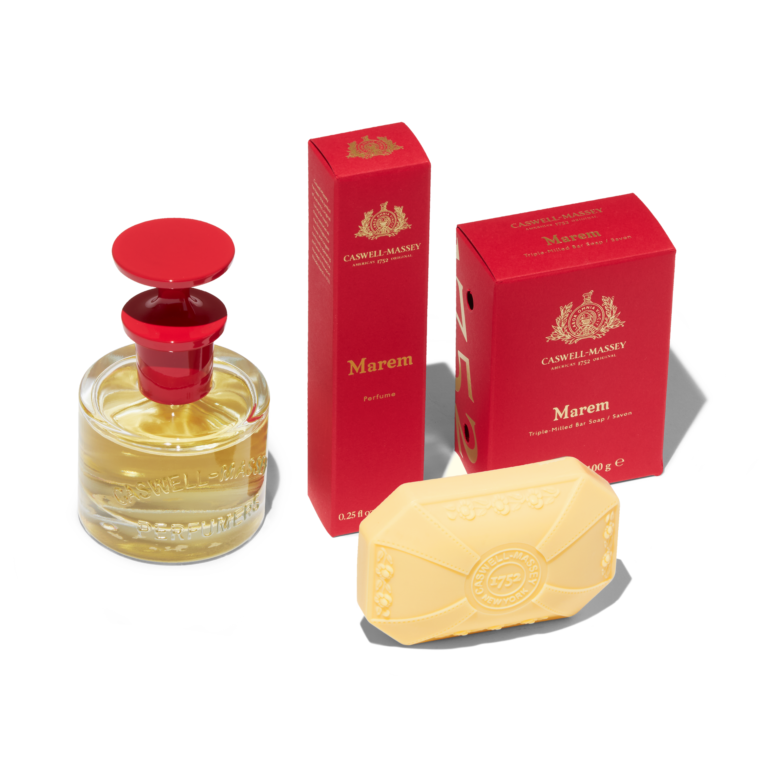 Caswell-Massey Marem Perfume: full-size 60 ml, discovery-size 7.5 ml, and Marem Bath Soap