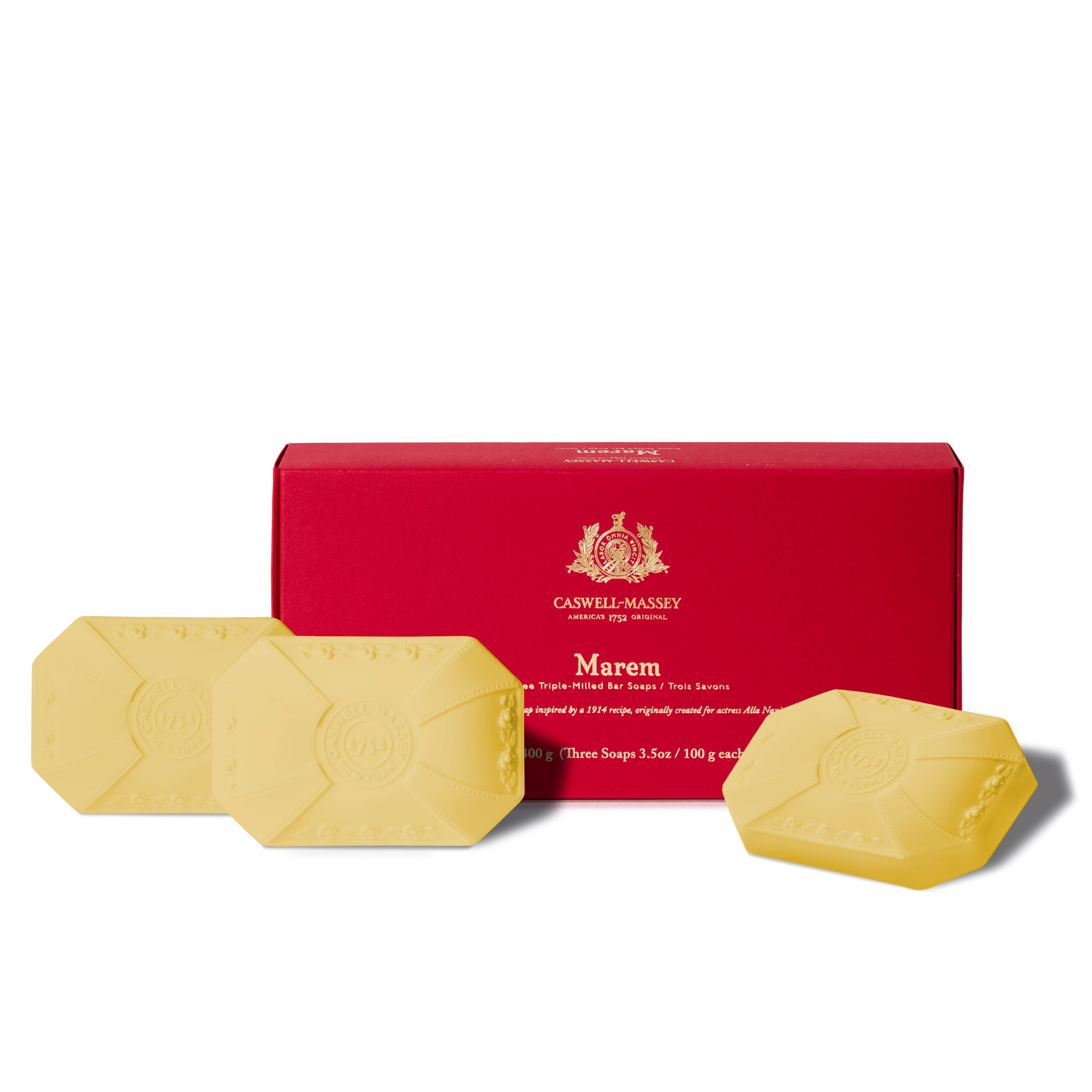 Caswell-Massey Marem Luxury 3-Soap Gift Set shown with gift box alongside natural cream decorative soaps