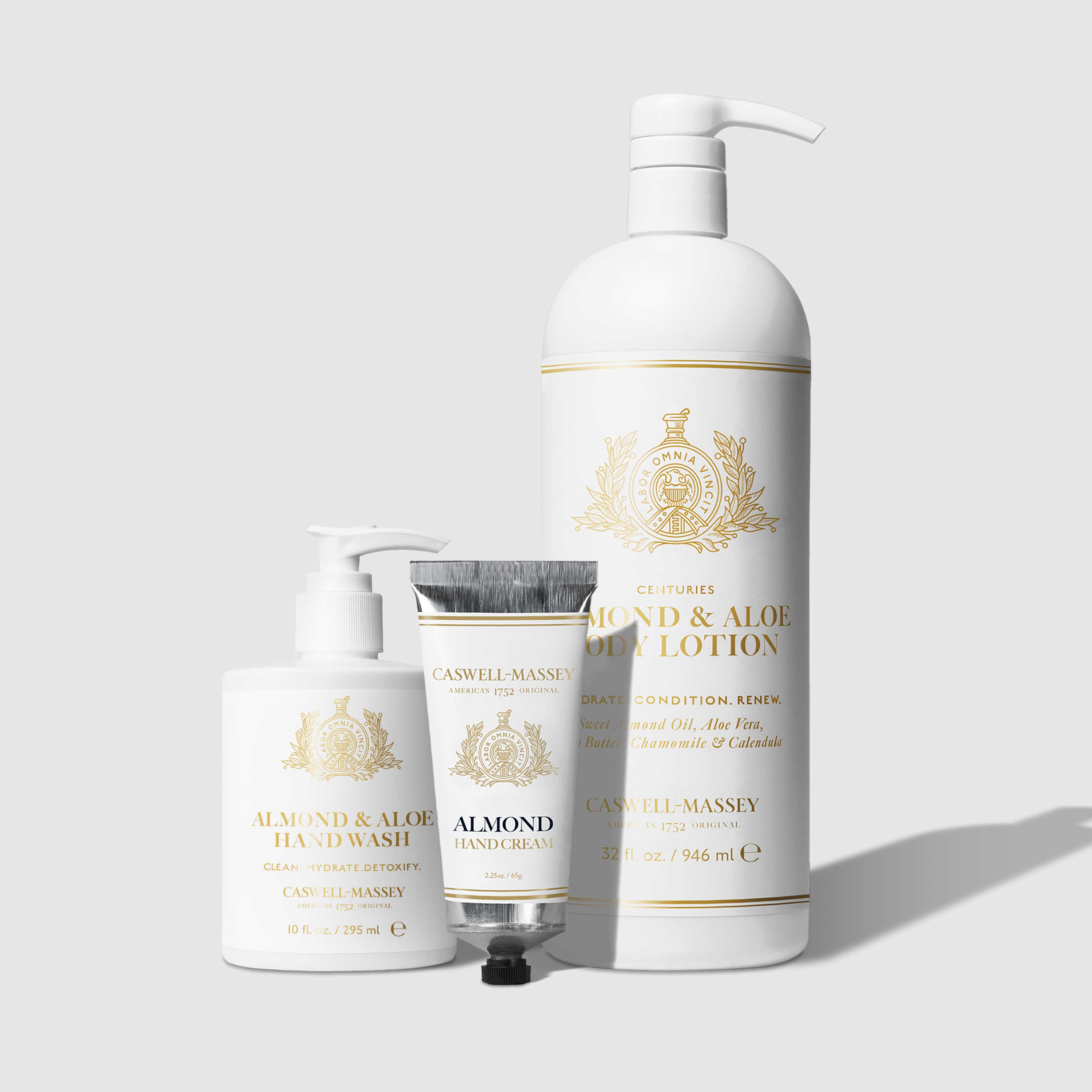 Caswell-Massey® Almond Hand Cream shown with Almond and Aloe Hand Wash and Almond and Aloe Body Lotion