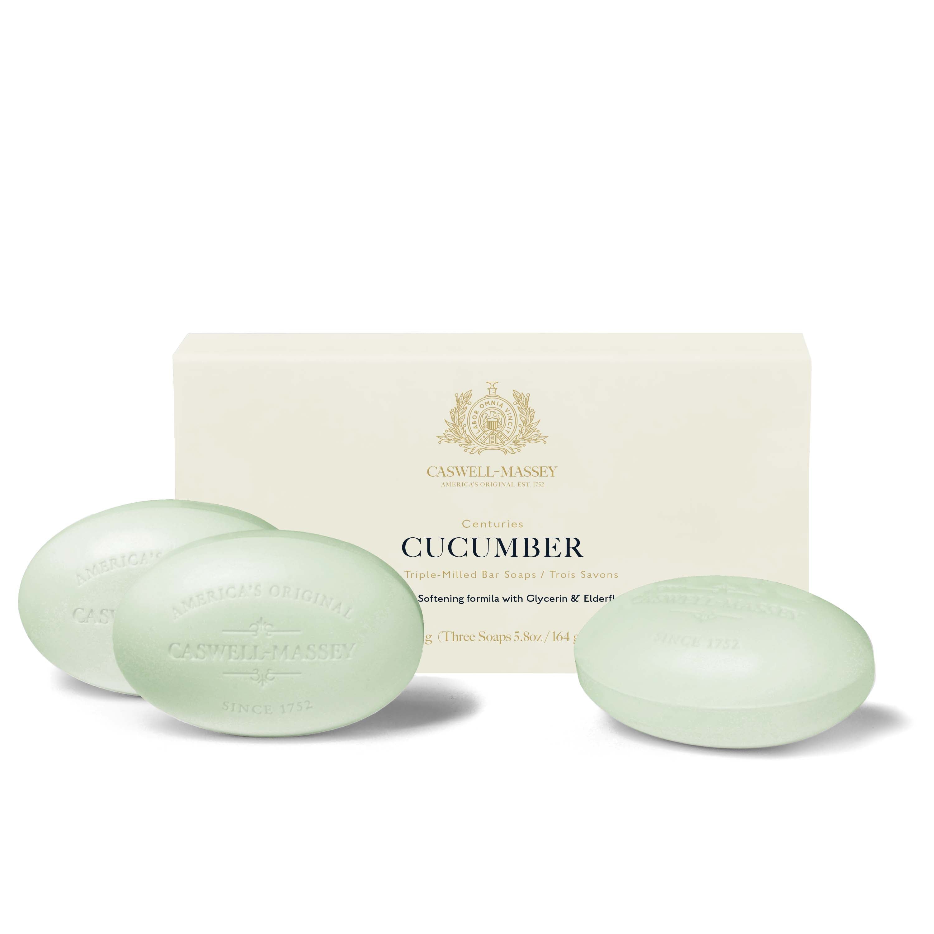 Caswell-Massey® Centuries Cucumber 3-Soap Gift Set shown with cream gift box alongside green bars of soap