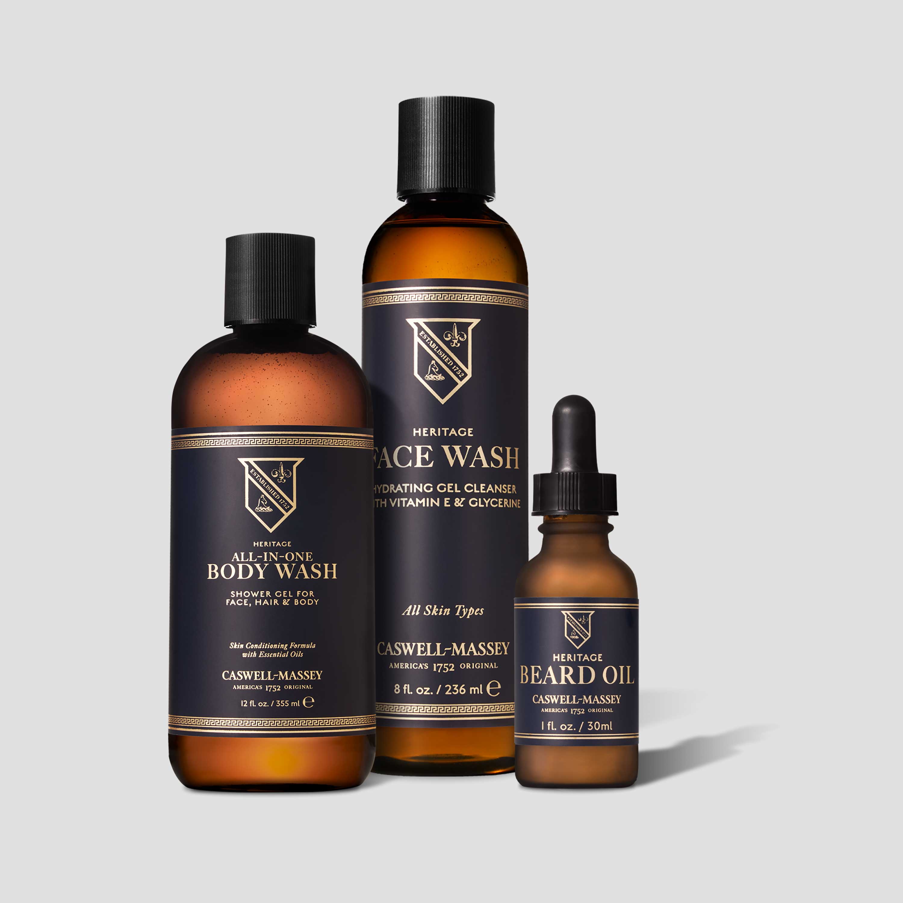 Caswell-Massey men's skincare regimen including the Heritage Face & Beard Oil with the Heritage Face Wash and Heritage All-in-One Body Wash
