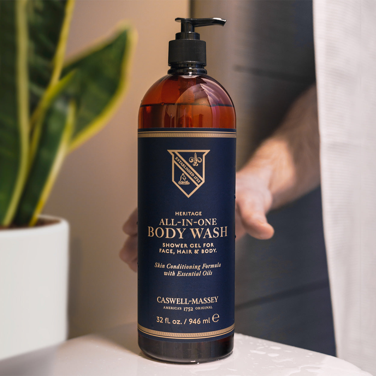 Caswell-Massey Heritage All-in-One Body Wash, showing 32oz bottle with with pump