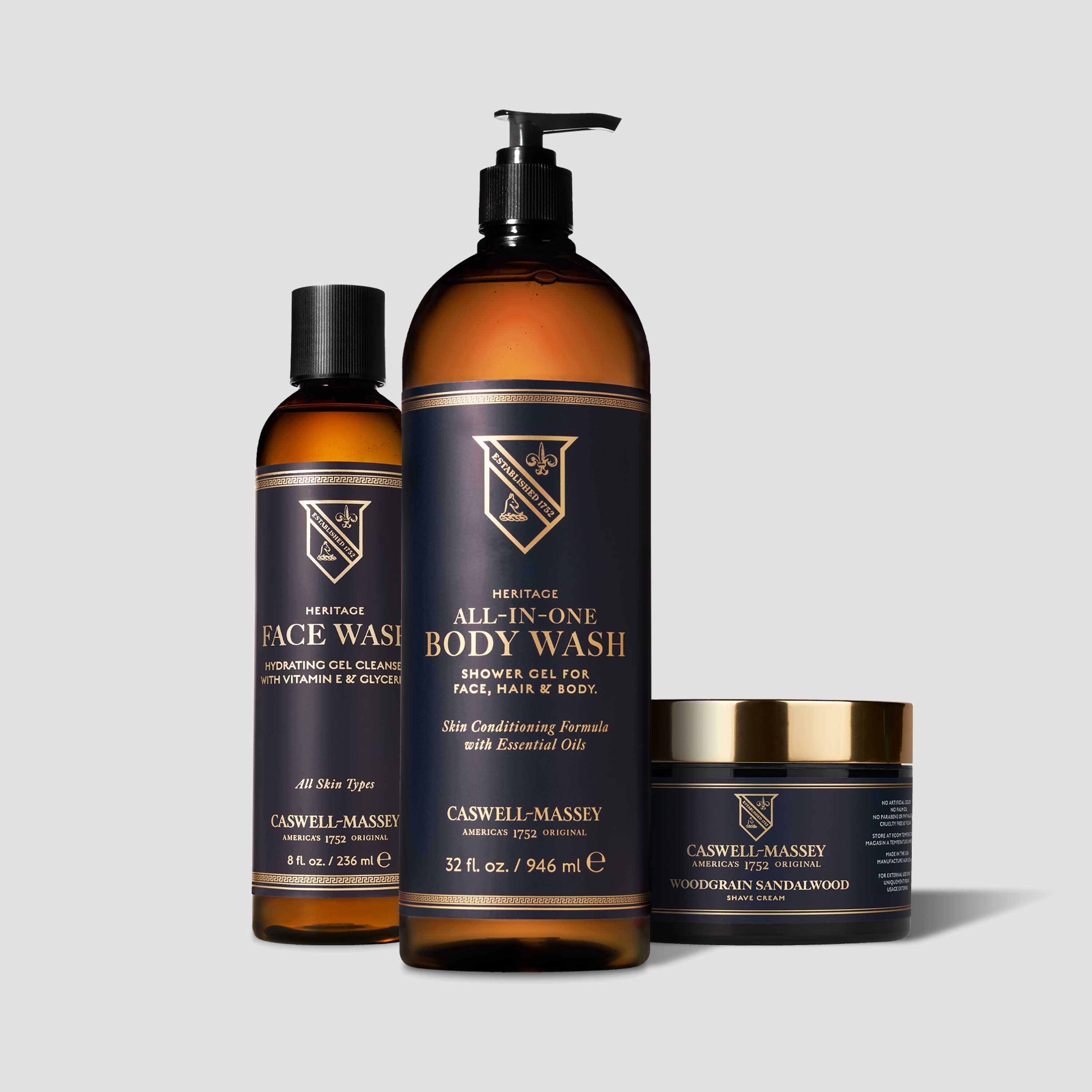 Caswell-Massey All-in-One Body Wash, Heritage Face Wash, and Woodgrain Sandalwood Shave Cream