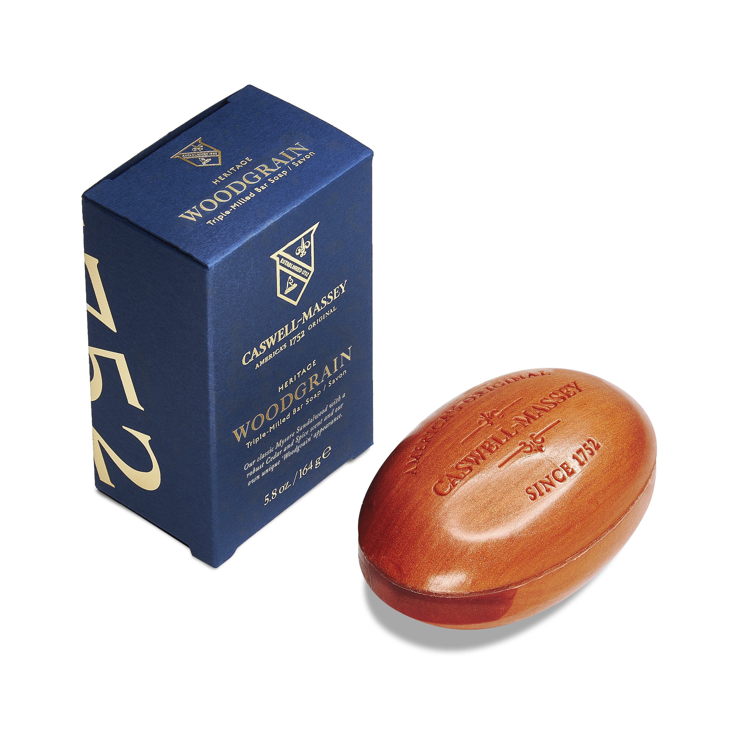 Caswell-Massey® Heritage Woodgrain Sandalwood Bar Soap shown with navy blue box