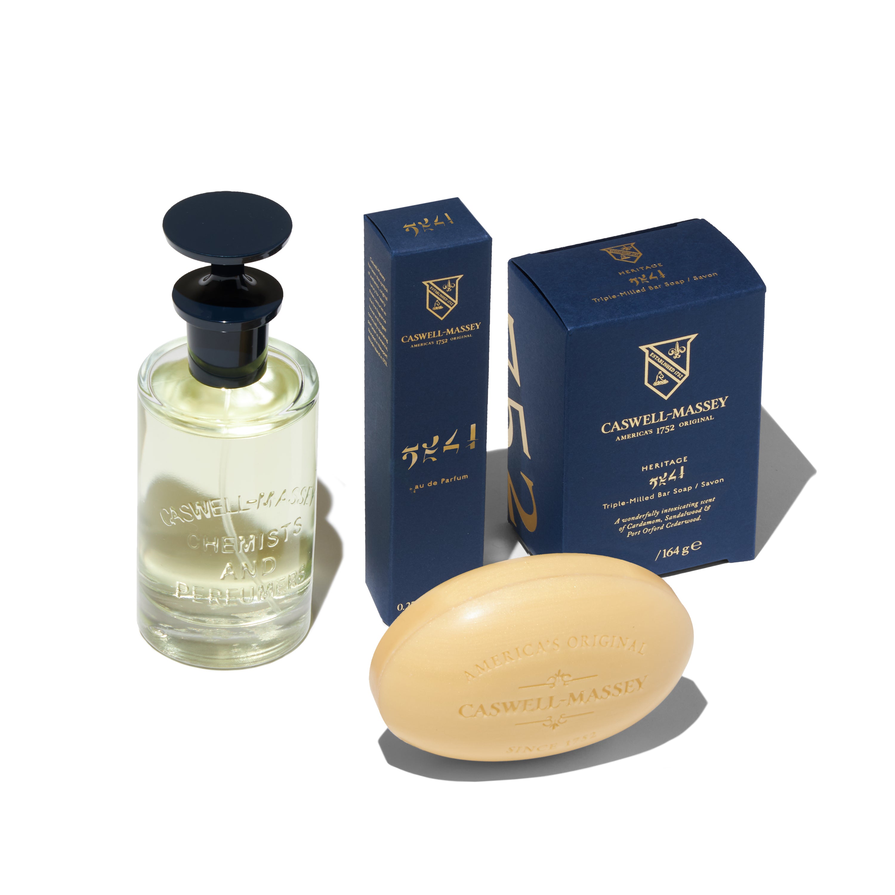 Caswell-Massey 2571 Eau de Parfum for men: showing full-size 100ml, travel size 7.5ml, and 2571 Bar Soap