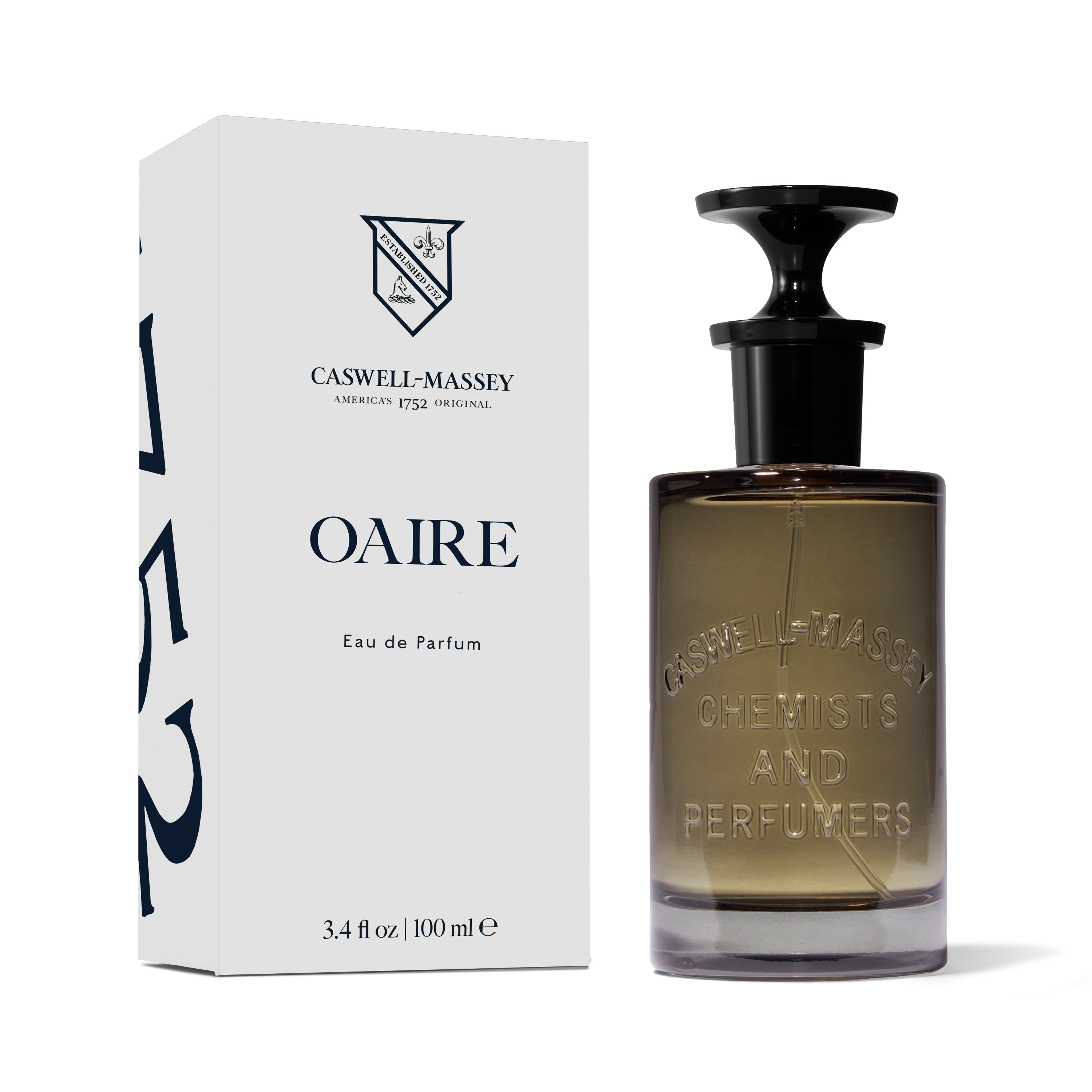 Caswell-Massey Oaire Eau de Parfum, fragrance bottle shown next to box, 100ml