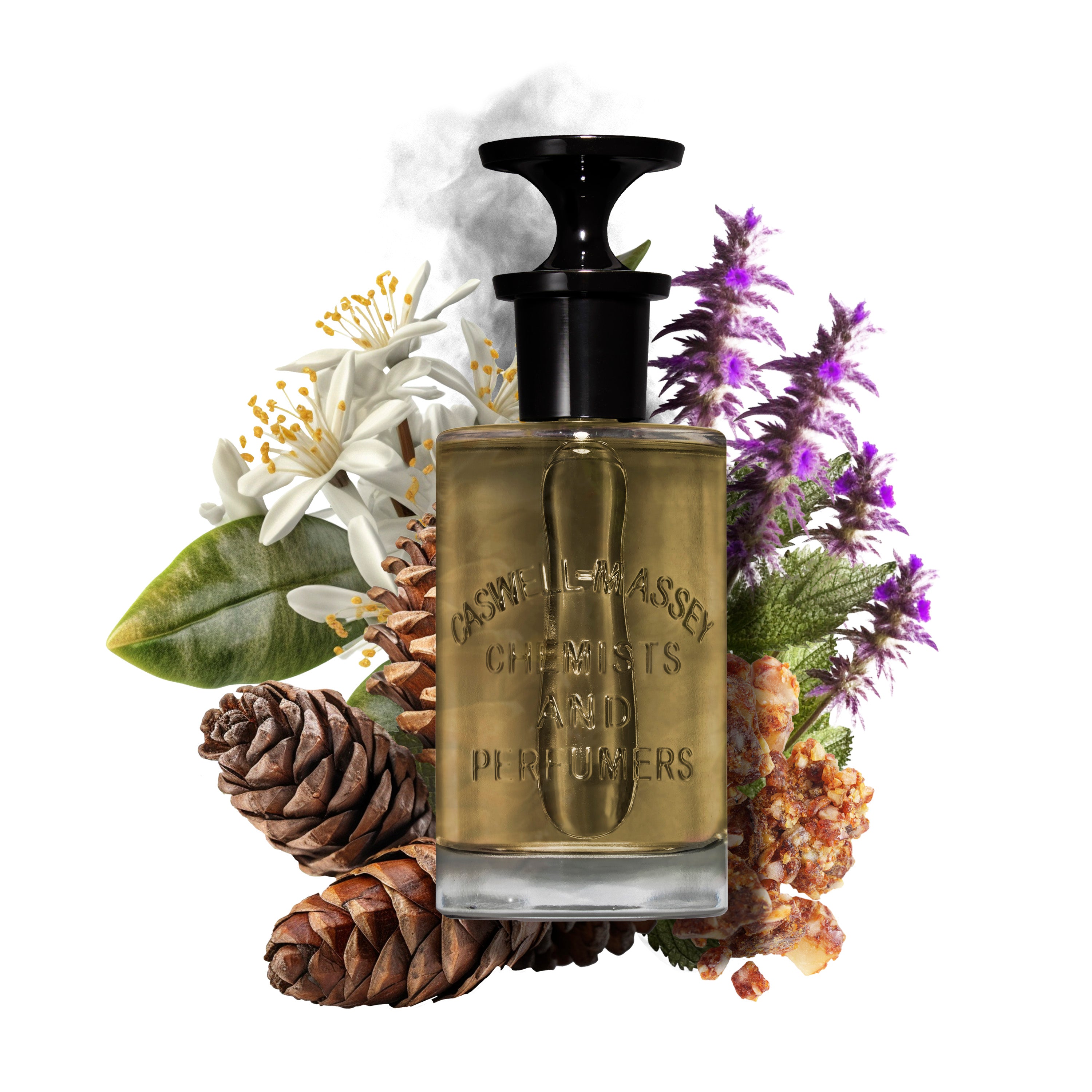 Caswell-Massey: Oaire Eau de Parfum, unisex luxury fragrance for men and women. Fragrance bottle standing in front of images of scent source material.