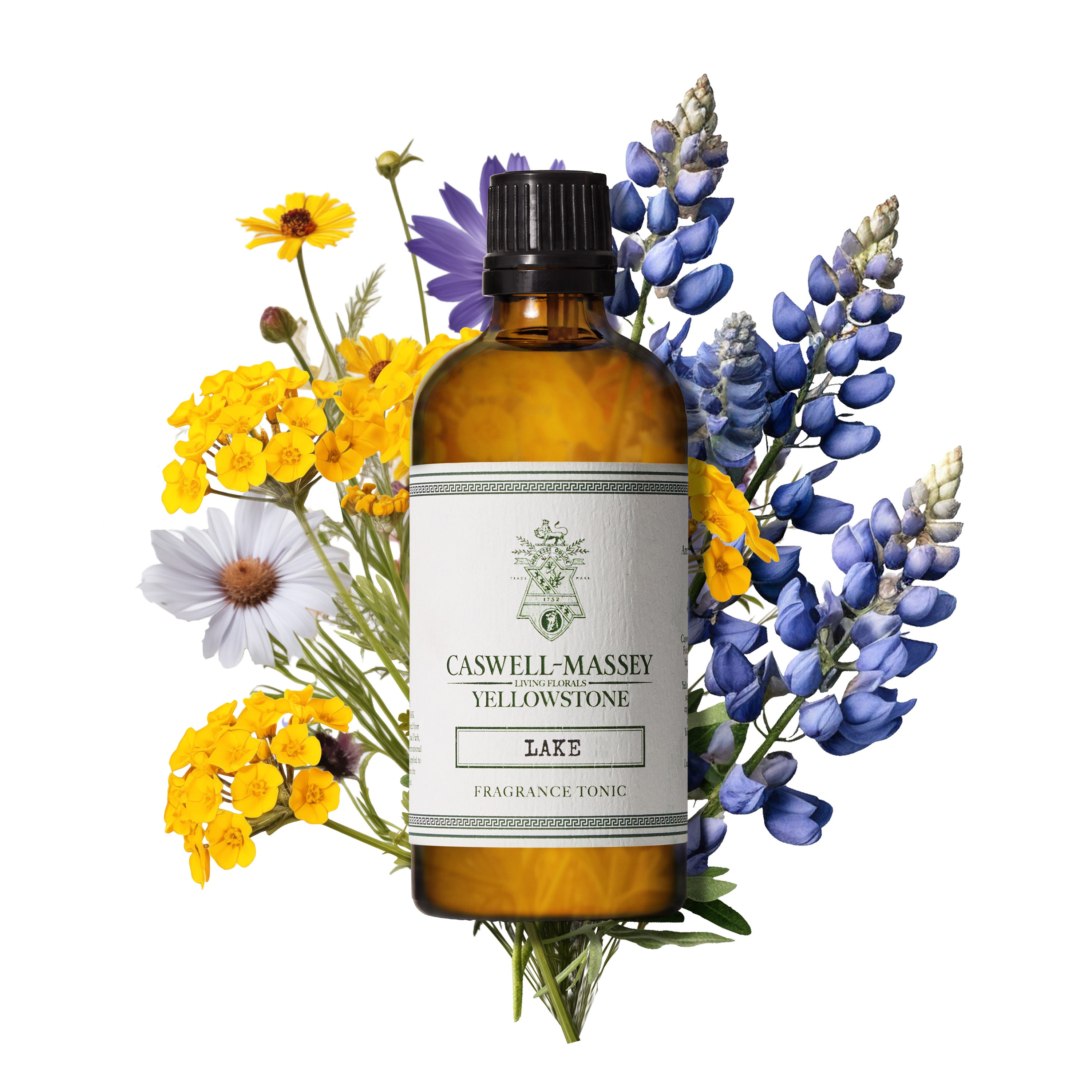 Yellowstone Lake Tonic bottle over a bouquet of florals inspired to create the scent