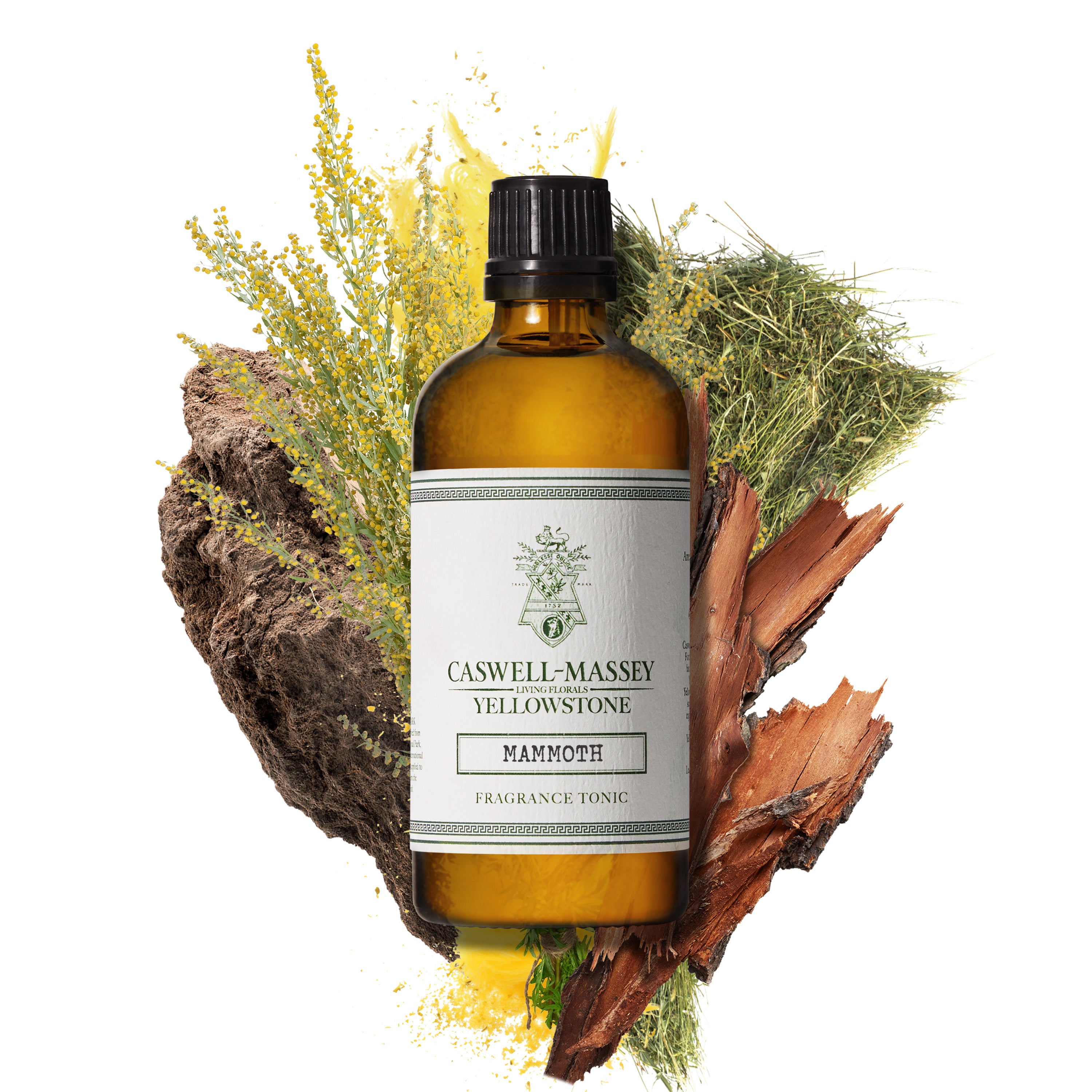 Caswell-Massey Yellowstone Mammoth Fragrance tonic bottle featured over scent notes found in the fragrance including mountain hay, and rich earth
